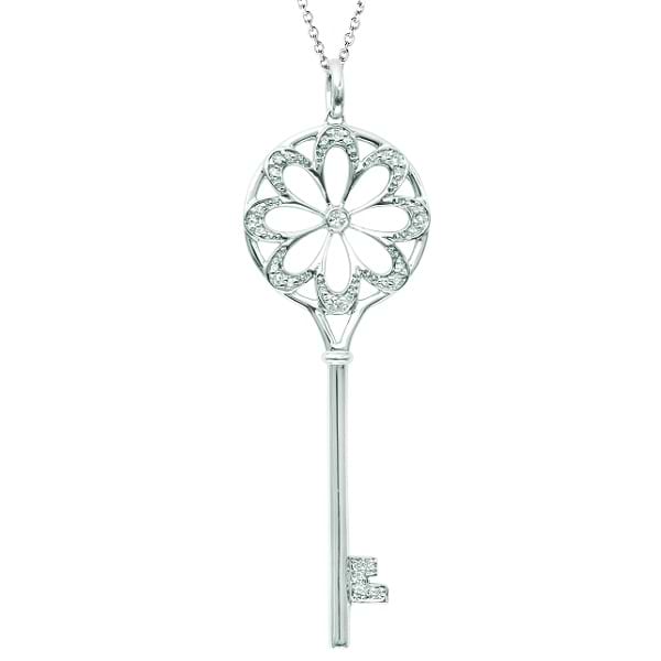 Diamond Flower Circle Key Pendant Necklace 14k White Gold (0.16ct)