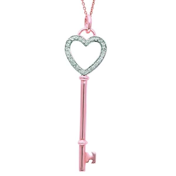 Diamond Open Heart Key Pendant Necklace 14k Rose Gold (0.12ct)