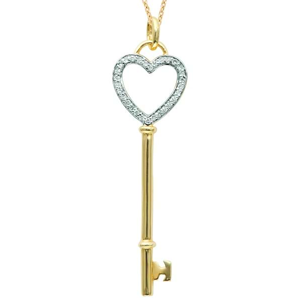 Diamond Open Heart Key Pendant Necklace 14k Yellow Gold (0.12ct)