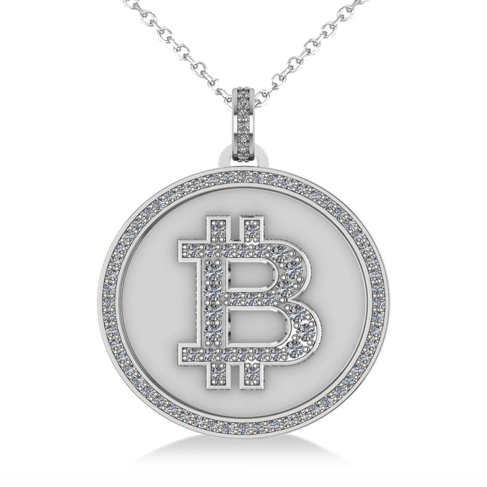 Small Diamond Bitcoin Pendant Necklace 14k White Gold (0.70ct)