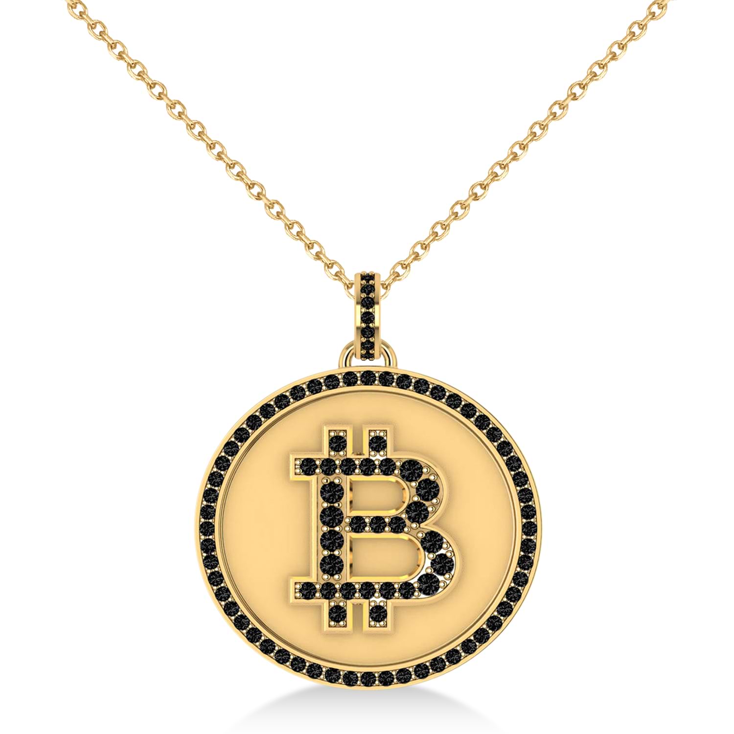 Small Black Diamond Bitcoin Pendant Necklace 14k Yellow Gold (0.70ct)