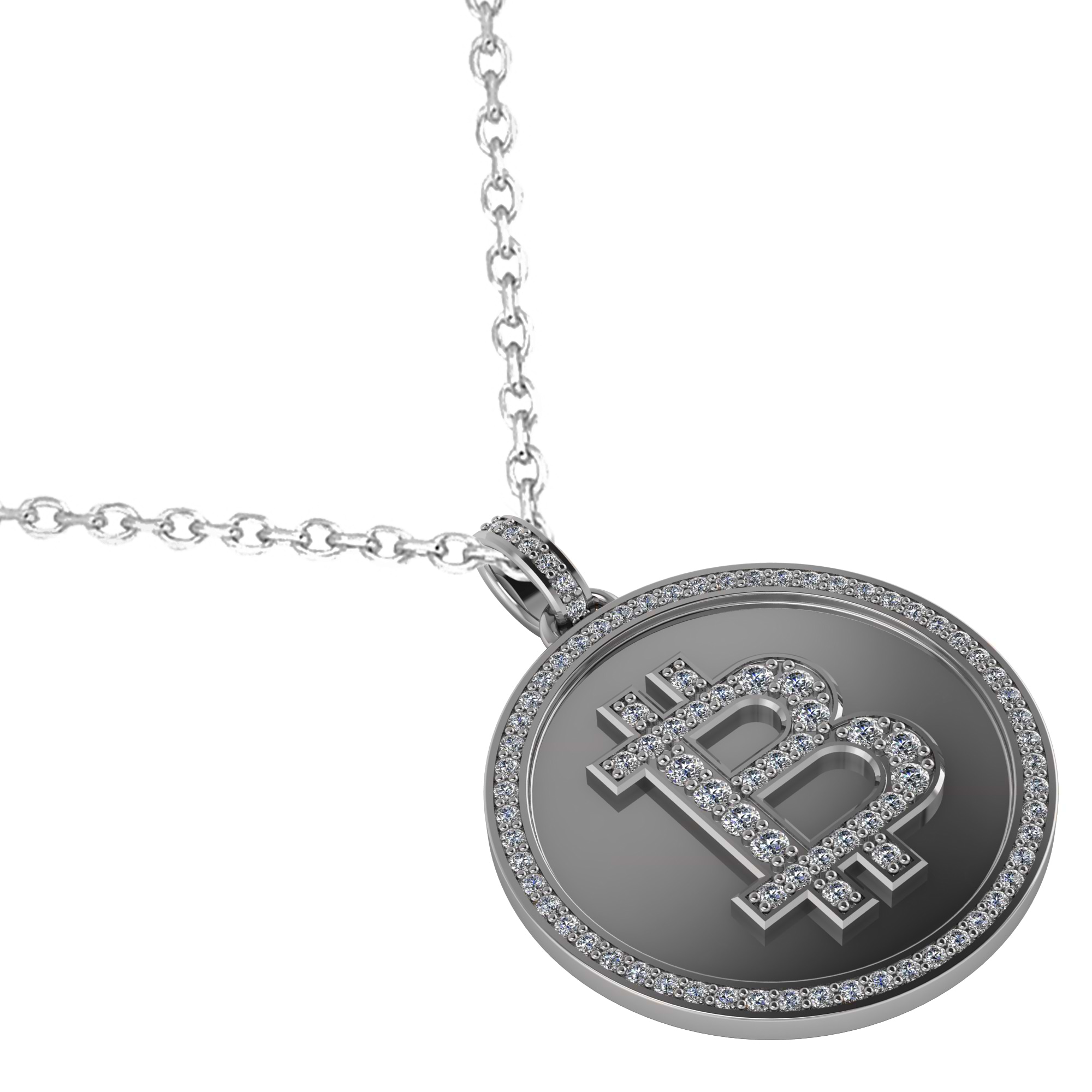 Large Diamond Bitcoin Pendant Necklace 14k White Gold (1.21ct)