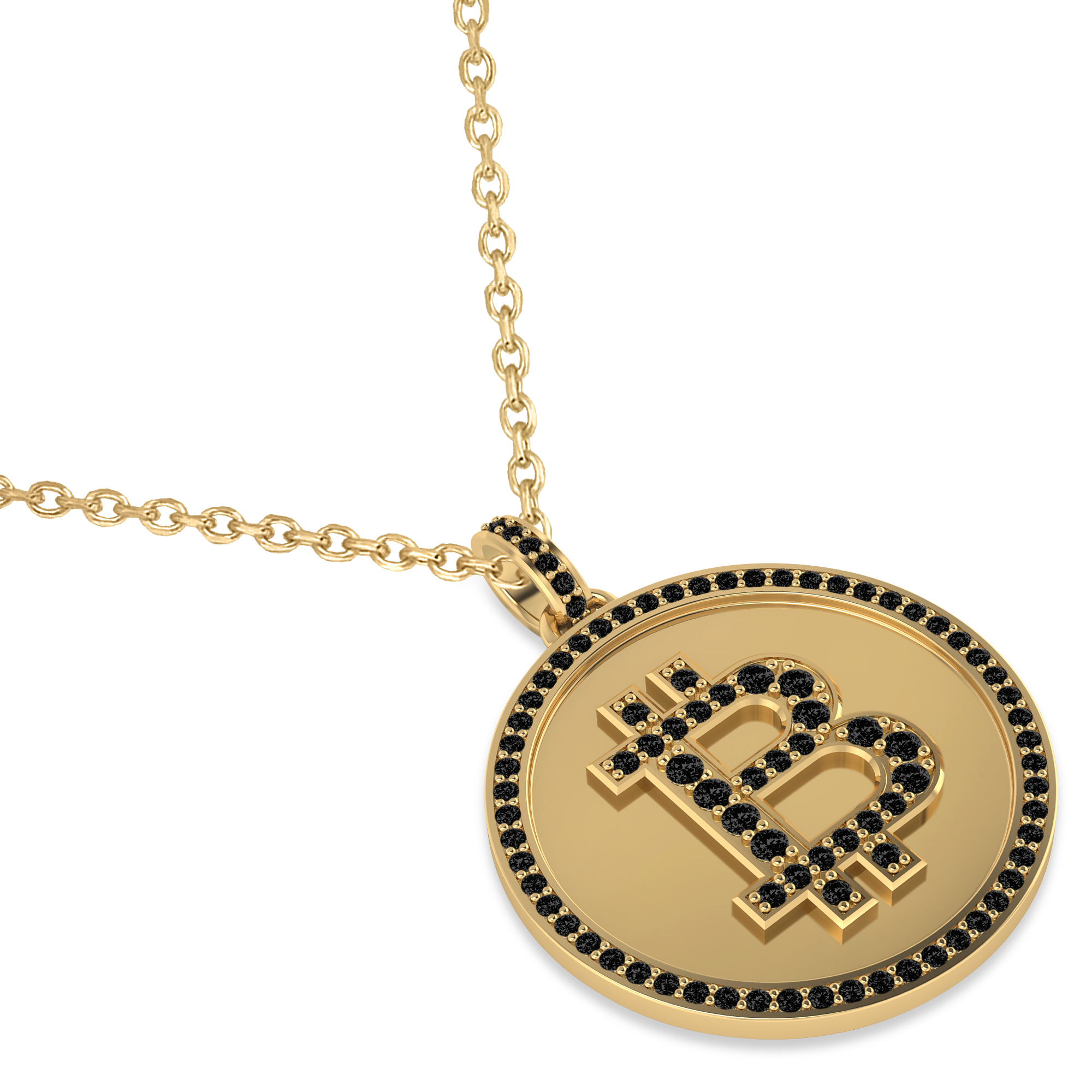 Large Black Diamond Bitcoin Pendant Necklace 14k Yellow Gold (1.21ct)