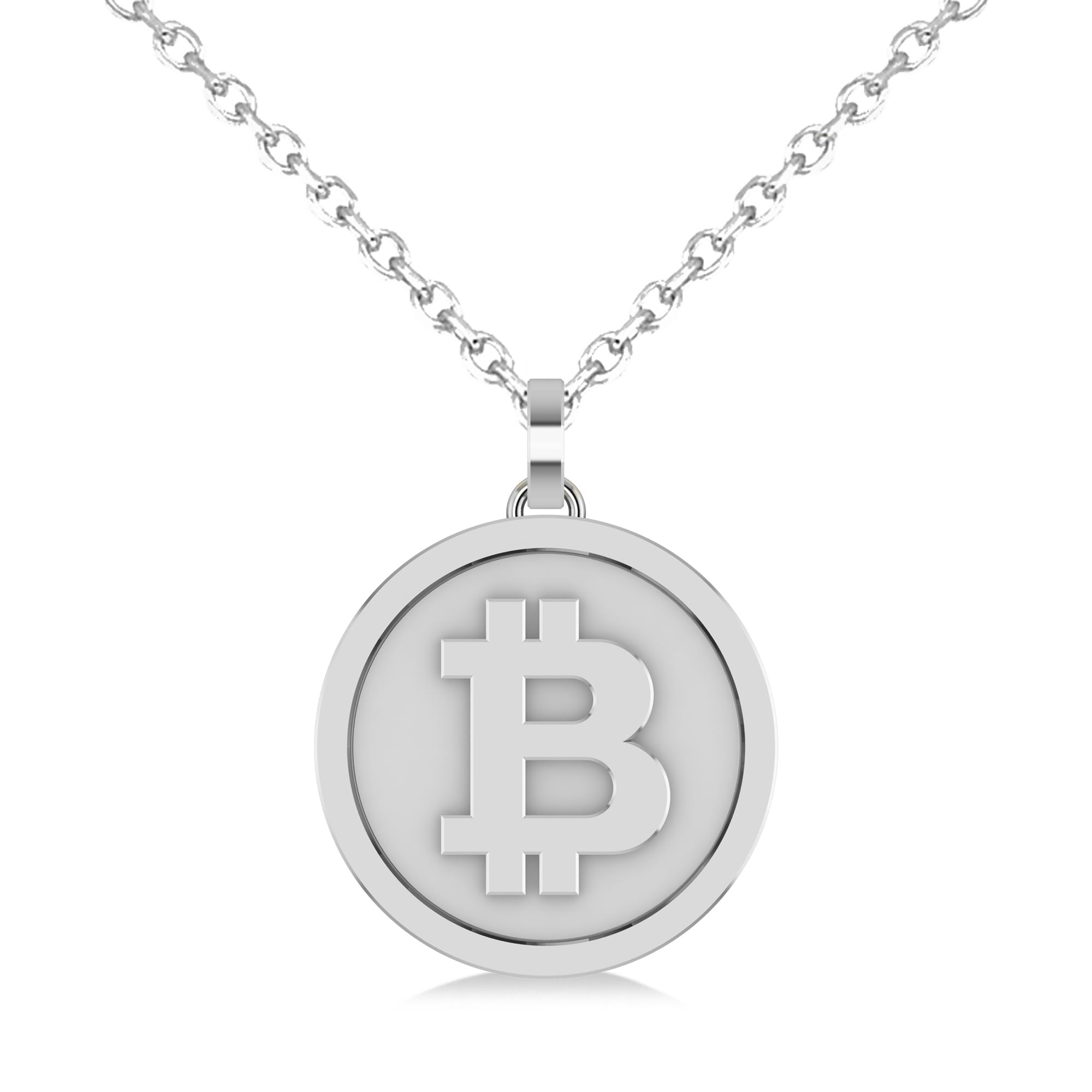 Large Cryptocurrency Bitcoin Pendant Necklace 14k White Gold