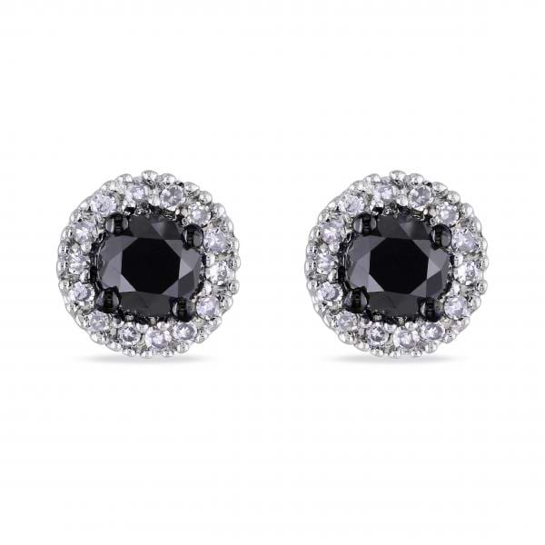 Black & White Diamond Halo Stud Earrings 14k White Gold 0.50ct - DE180