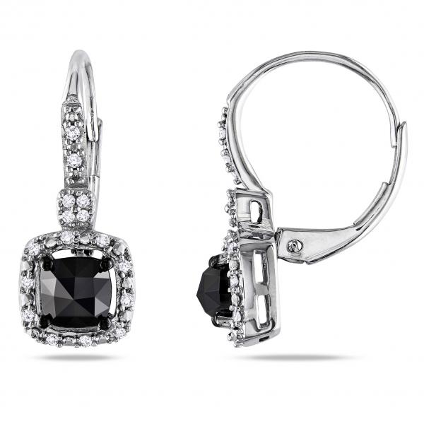 Black & White Diamond Leverback Drop Earrings 14k White Gold 1.00ct