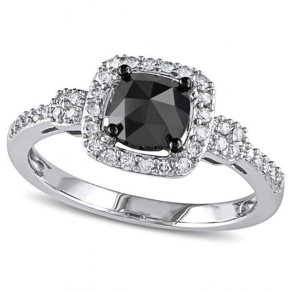 Black & White Diamond Halo Engagement Ring 14k White Gold (1.01ct)