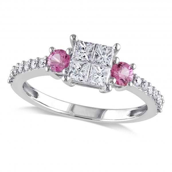 Diamond & Pink Sapphire Three Stone Engagement Ring 14k Gold (0.87ct)