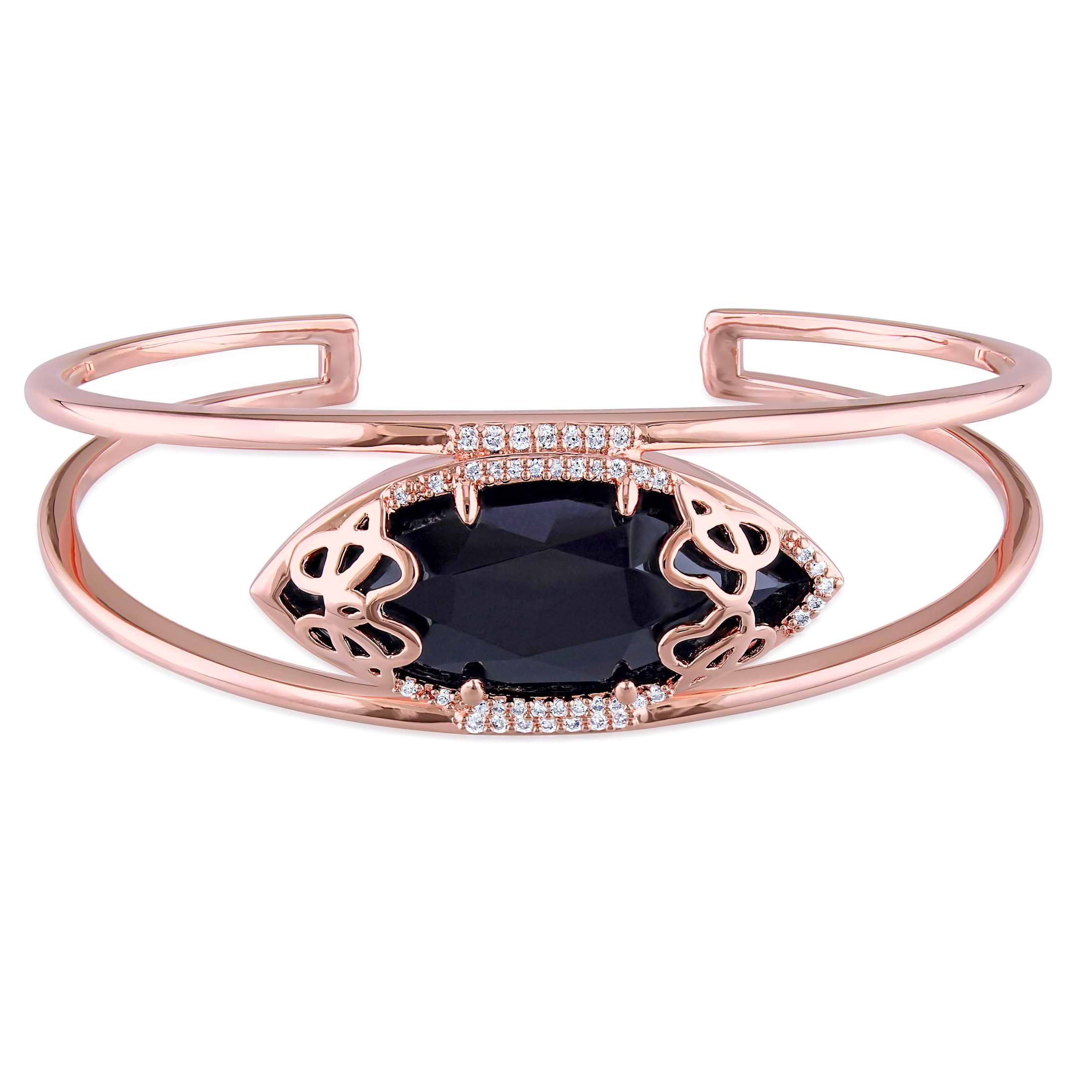 Marquise Black Onyx & Diamond Bangle Bracelet Pink Silver (12.80ct)
