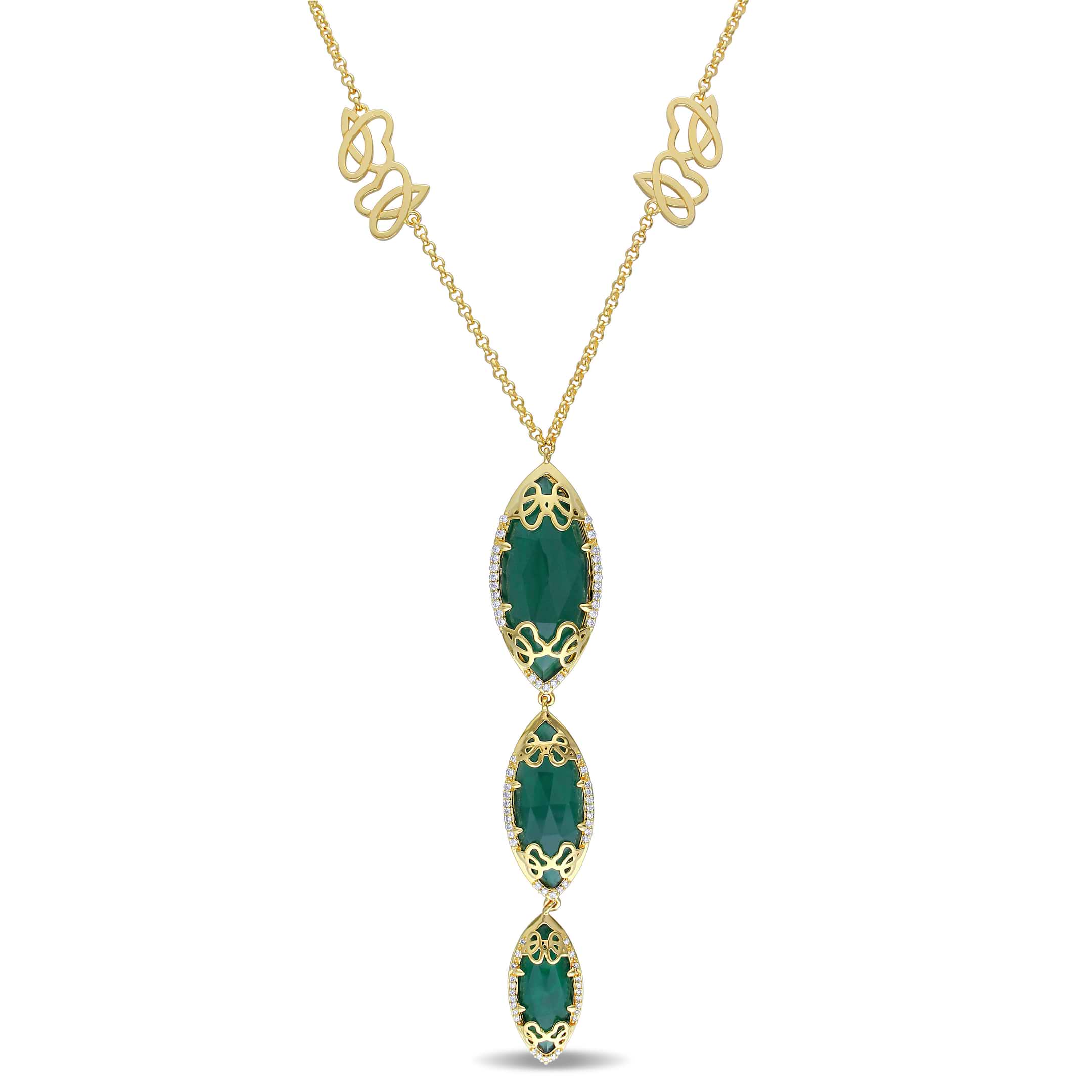 Marquise Green Onyx & Diamond Necklace Yellow Sterling Silver (22.05ct)