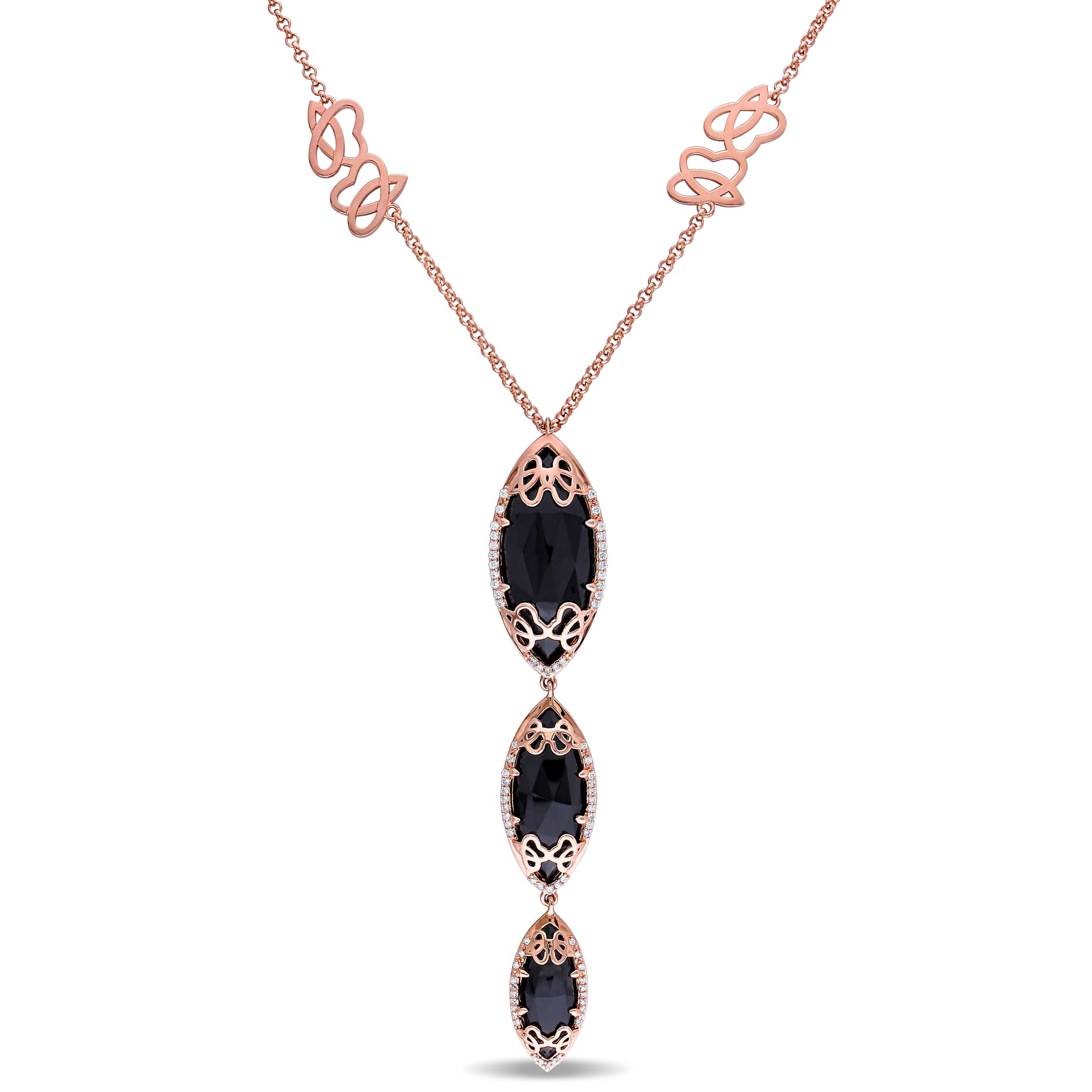 Marquise Black Onyx & Diamond Necklace Pink Sterling Silver (22.05ct)