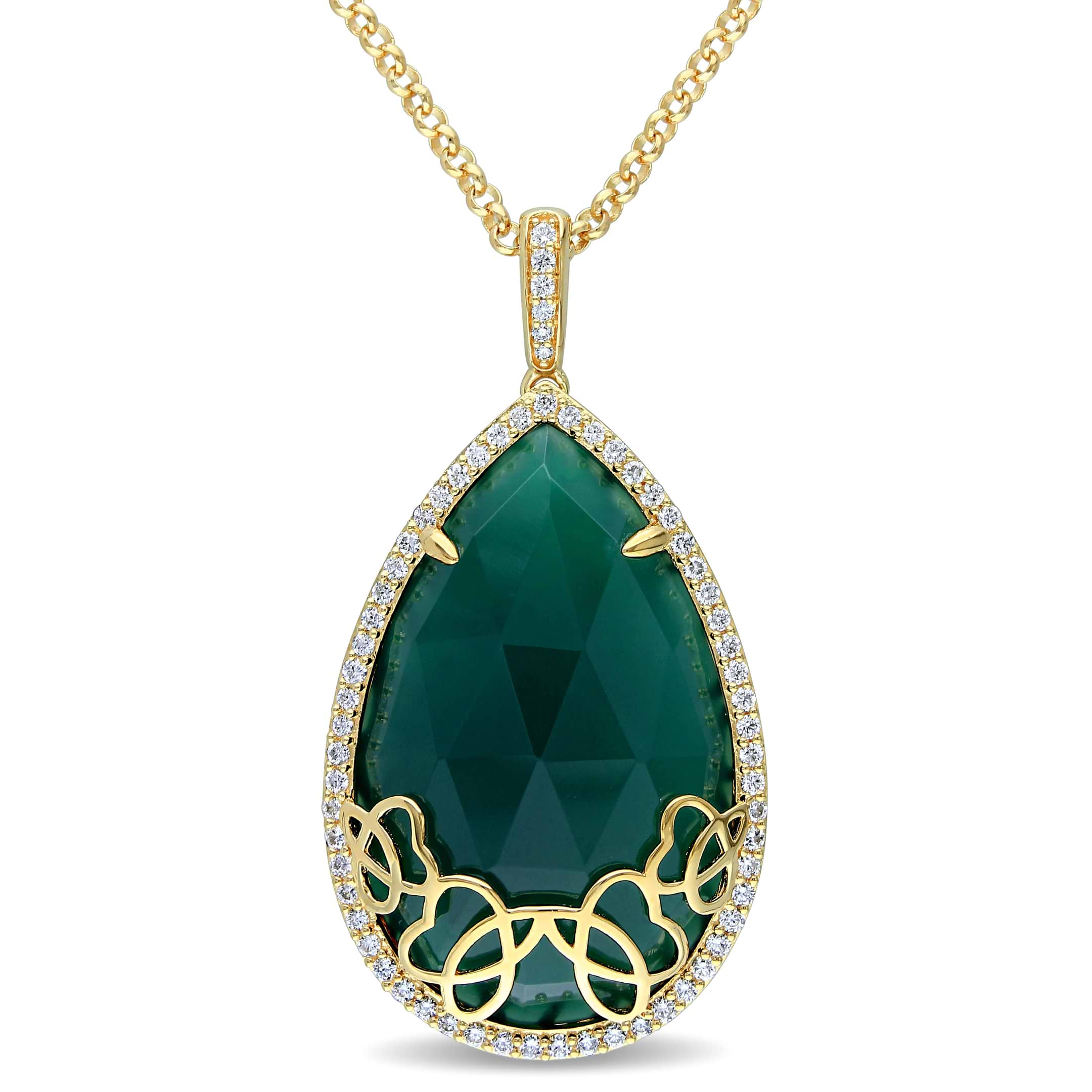 Pear Green Onyx & Diamond Necklace Yellow Sterling Silver (24.73ct)