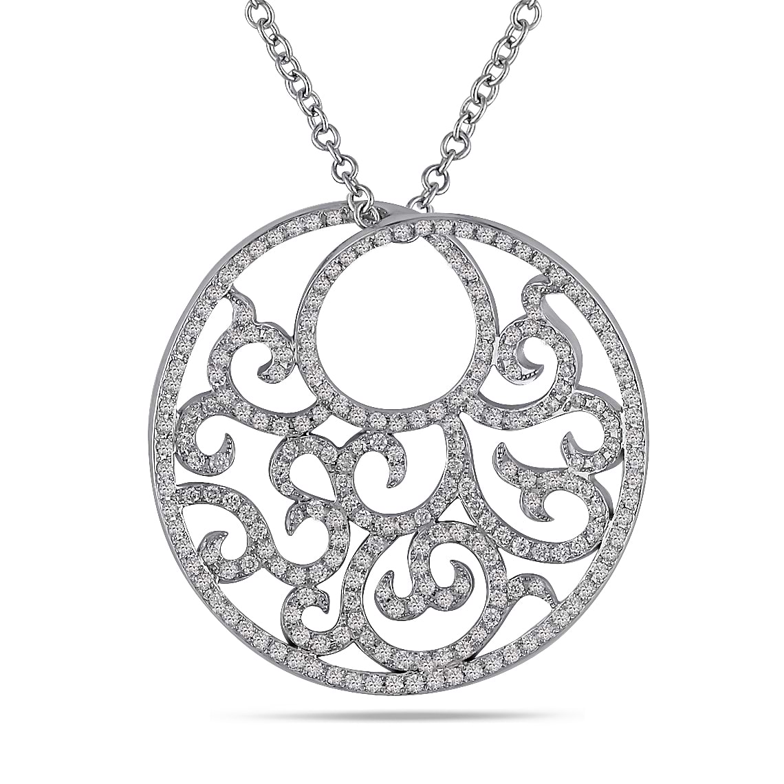 Diamond Filigree Circle Pendant Necklace 18k White Gold (0.87ct)