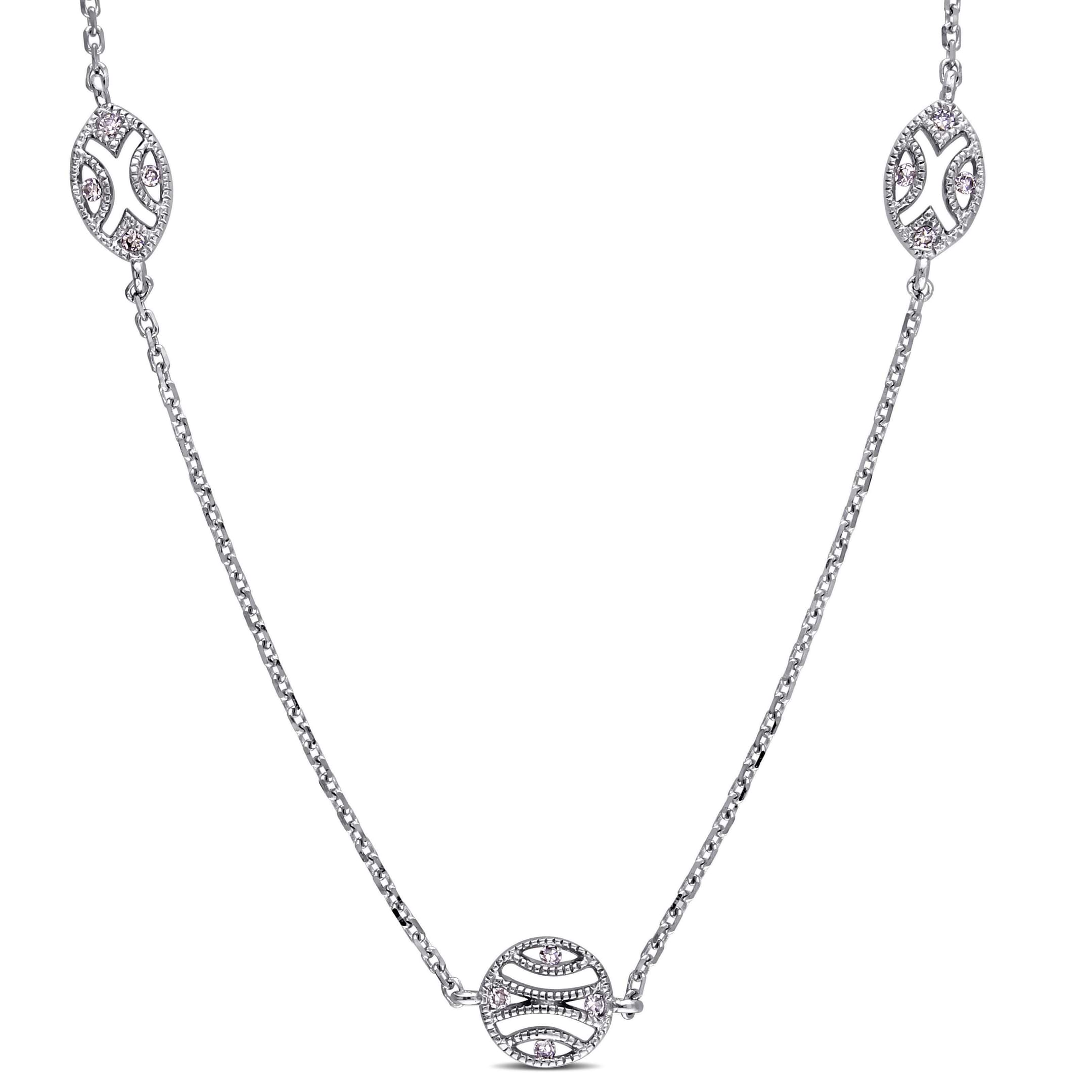 Diamond Accented Vintage Station Necklace 14k White Gold (0.15ct)