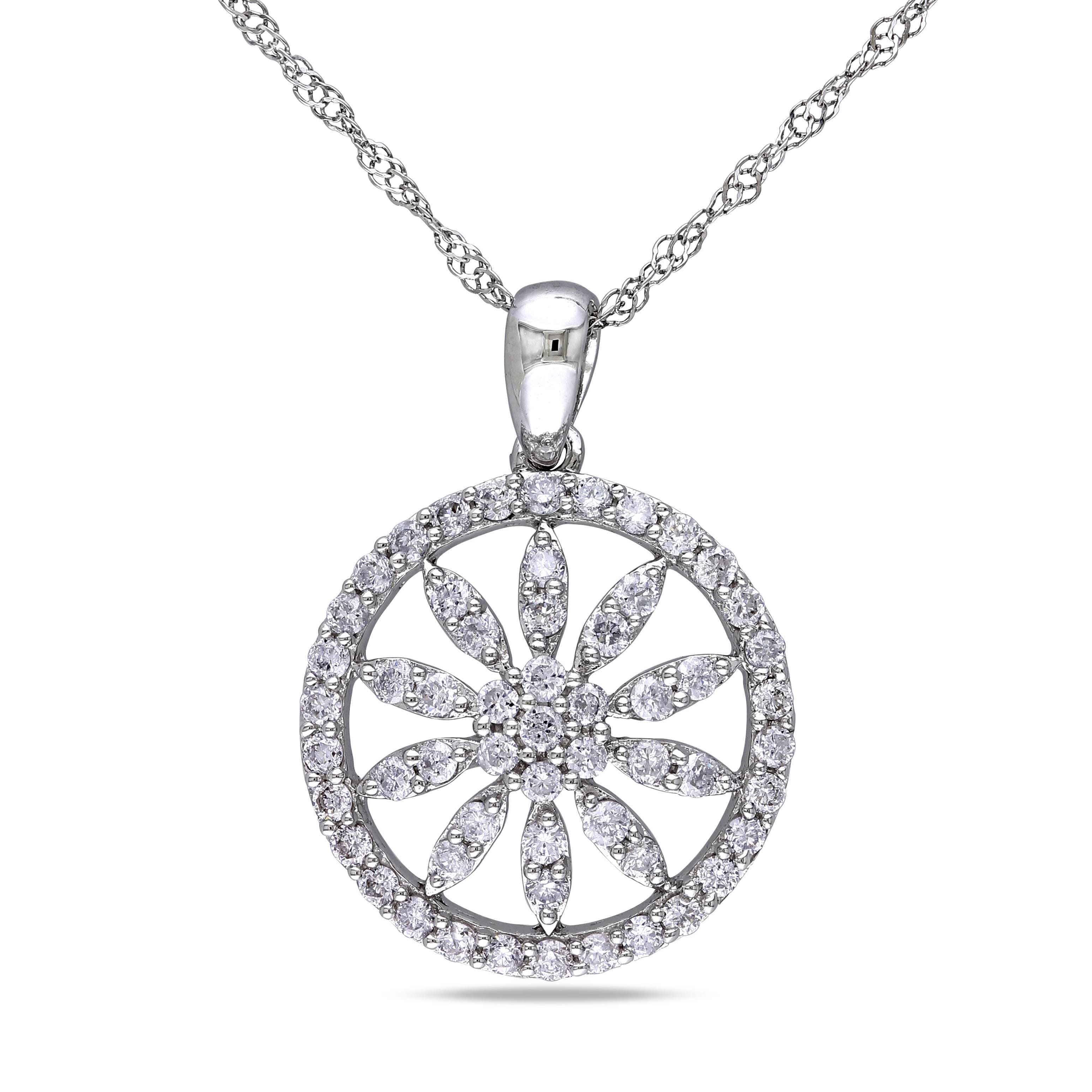 Diamond Flower Circle Pendant Necklace 14k White Gold (0.50 ct)