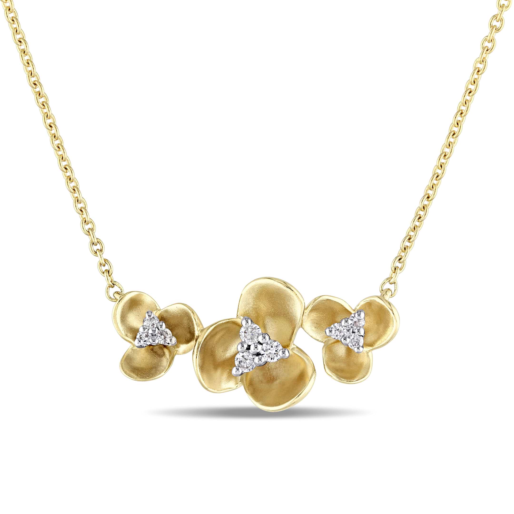 Triple Flower Diamond Pendant Necklace 14k Yellow Gold (0.09)