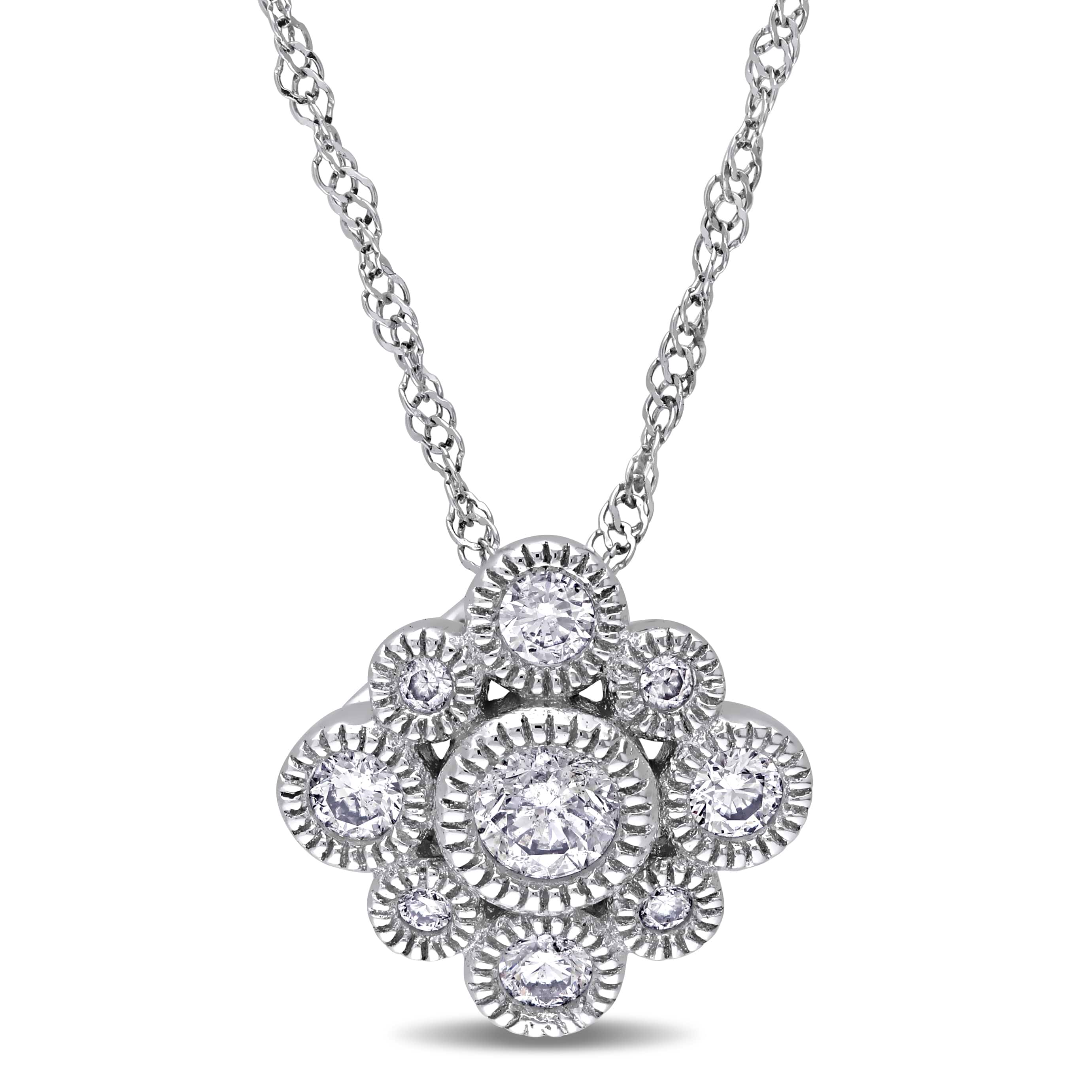 Diamond Round Vintage Pendant Necklace 14k White Gold (0.30ct)