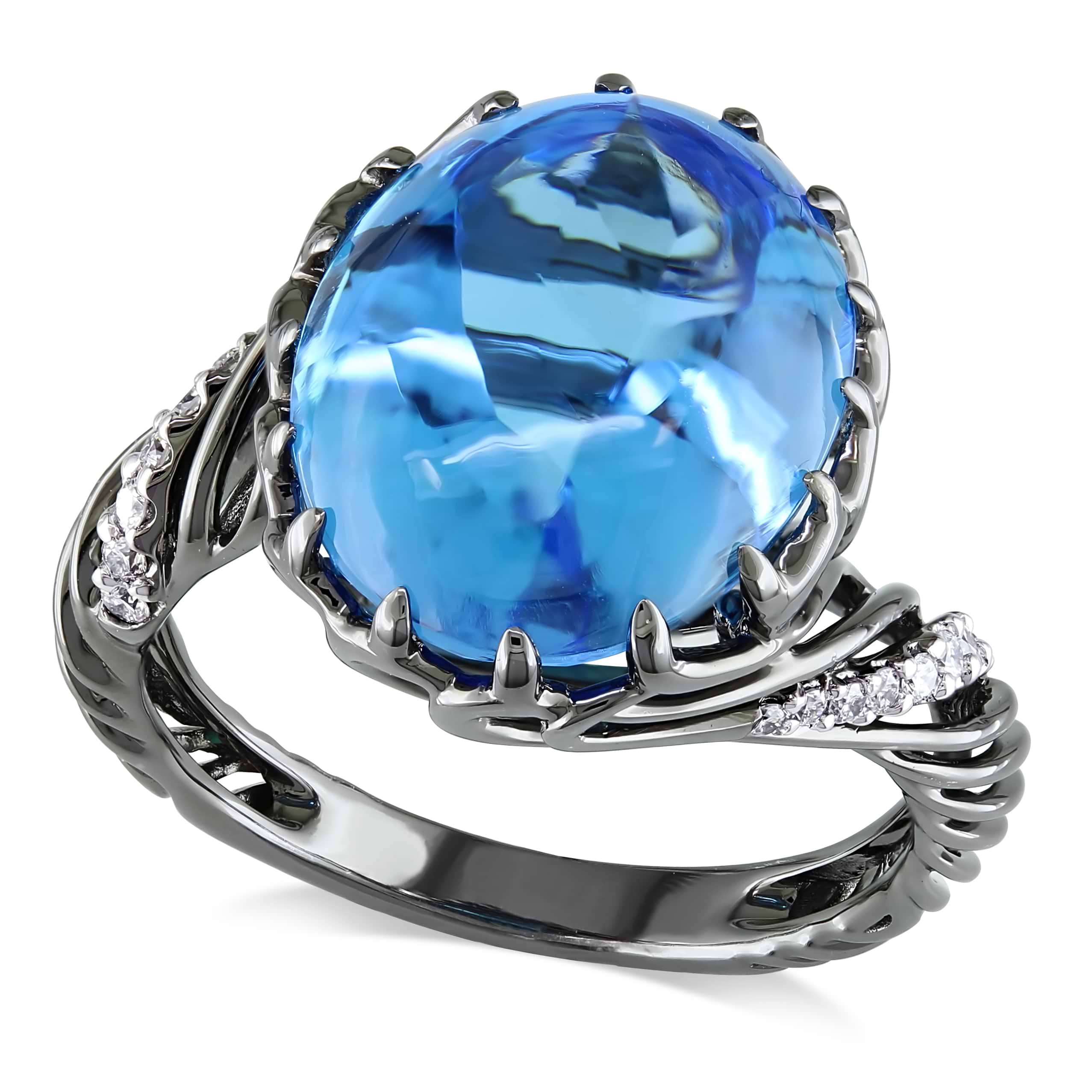 Oval Cabochon Blue Topaz & Diamond Fashion Ring 18k White Gold (9.10ct)