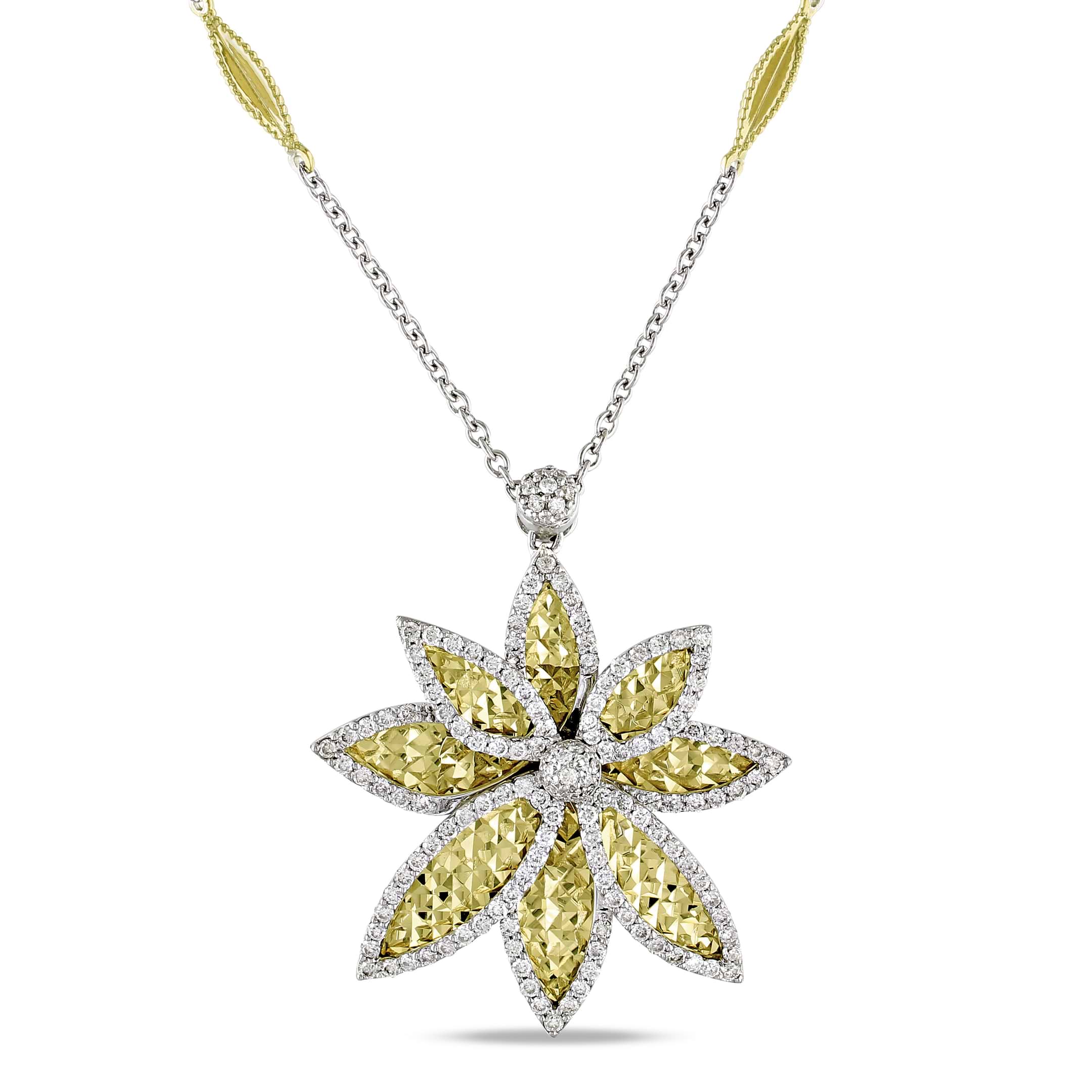 Diamond Textured Flower Pendant Necklace 18k Two Tone Gold (1.14ct)