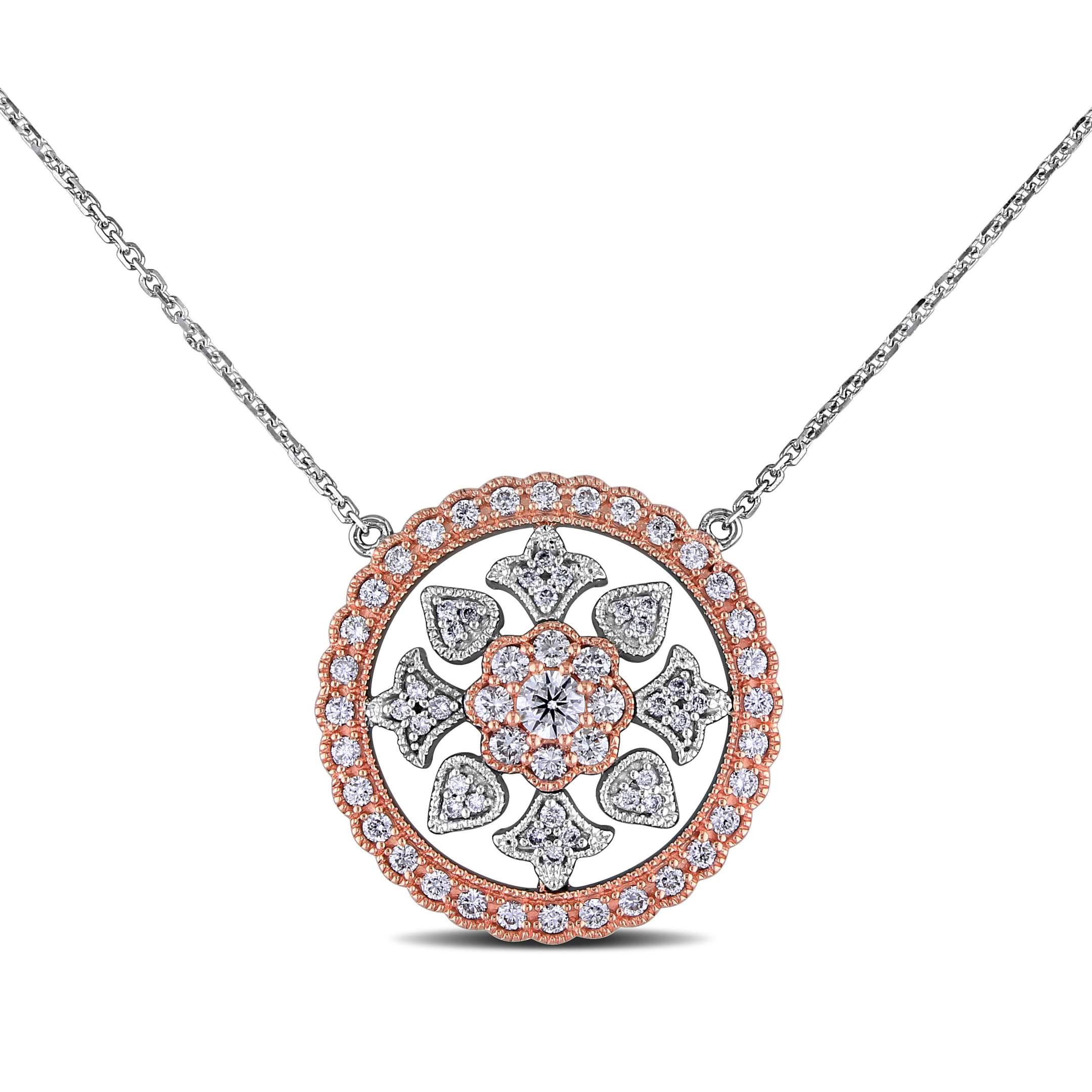 Diamond Circular Floral Pendant Necklace 14k Two Tone Gold (0.44ct)