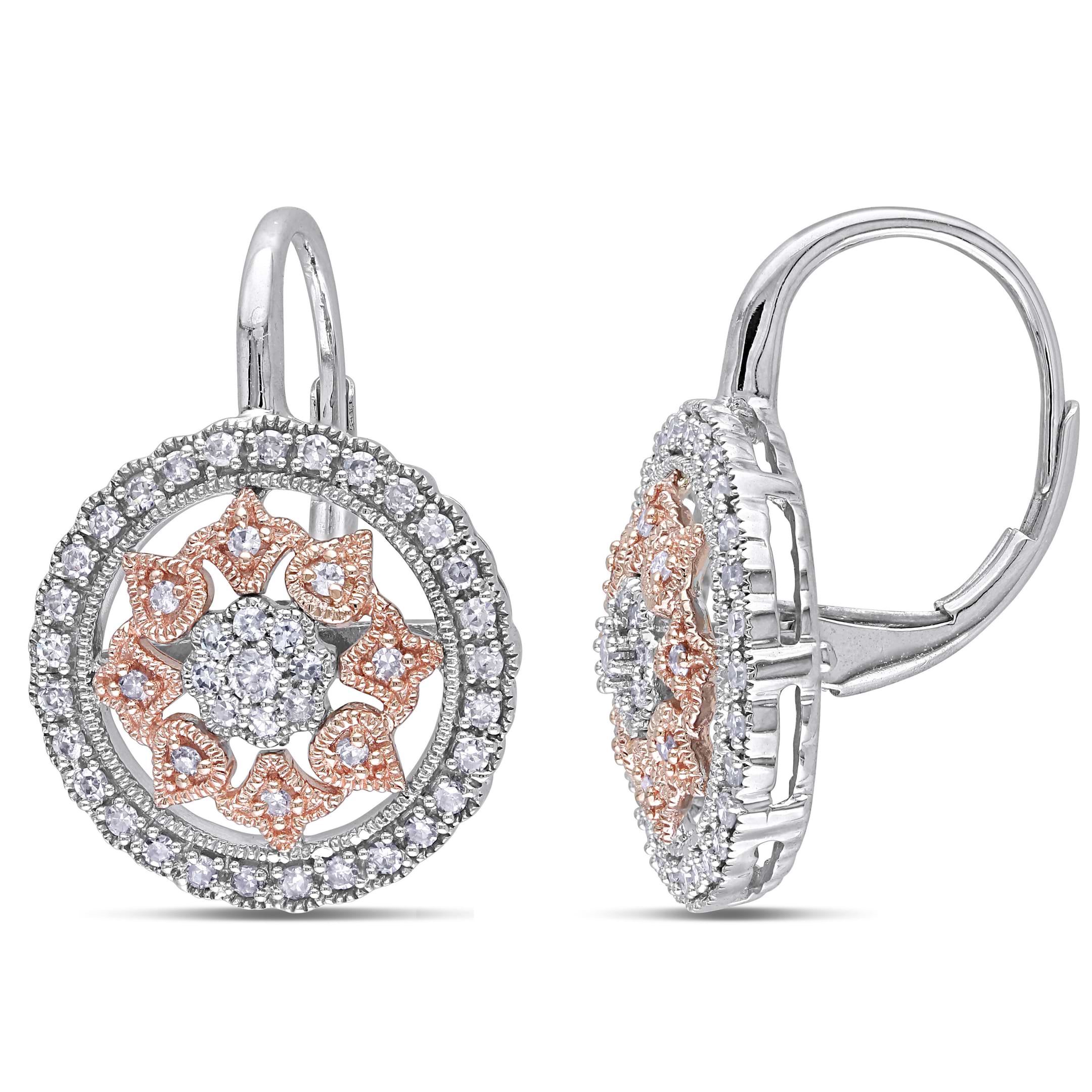Diamond Circle Floral Leverback Earrings 14k Two Tone Gold (0.49ct)