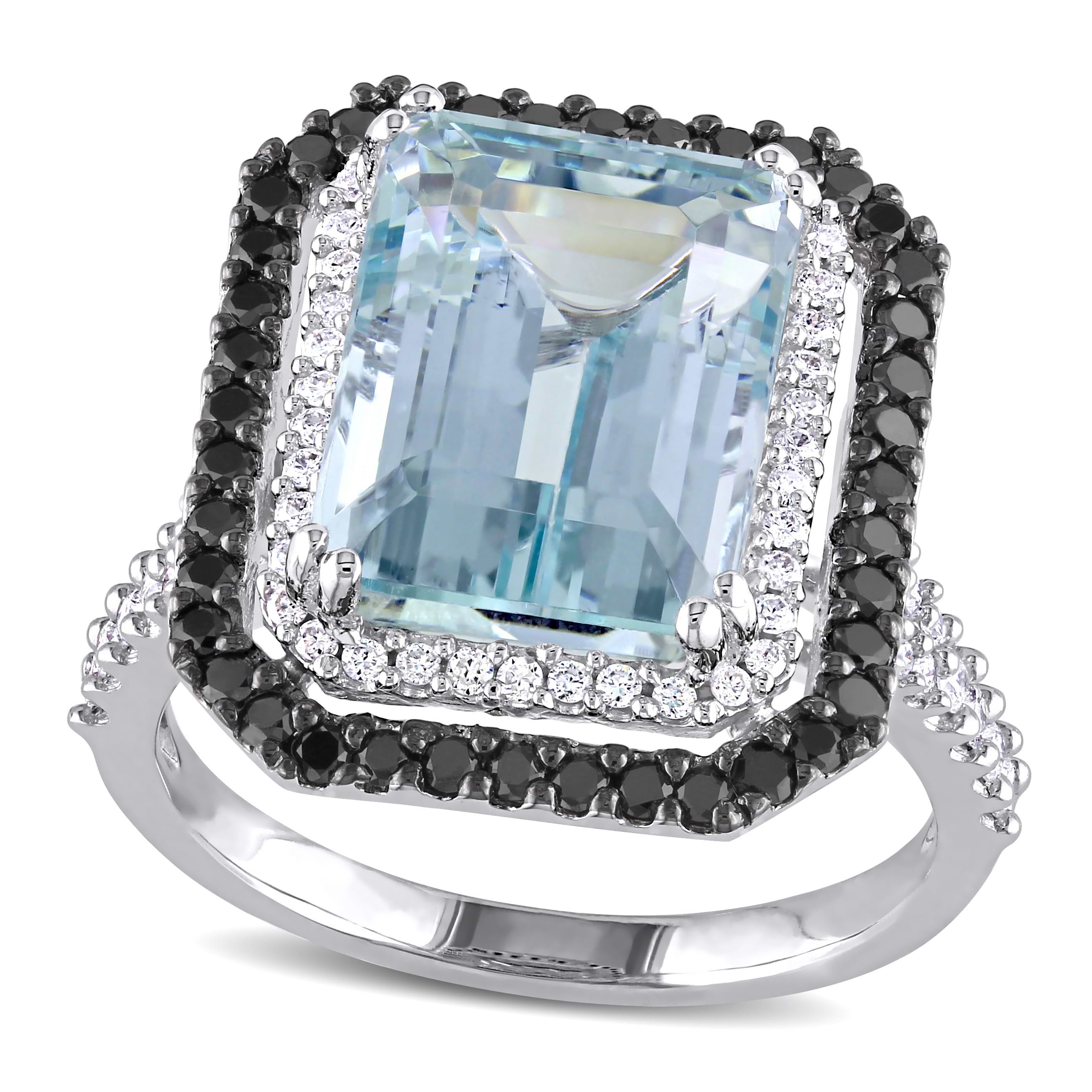 Aquamarine & Black & White Diamond Ring 14k White Gold (7.25ct)