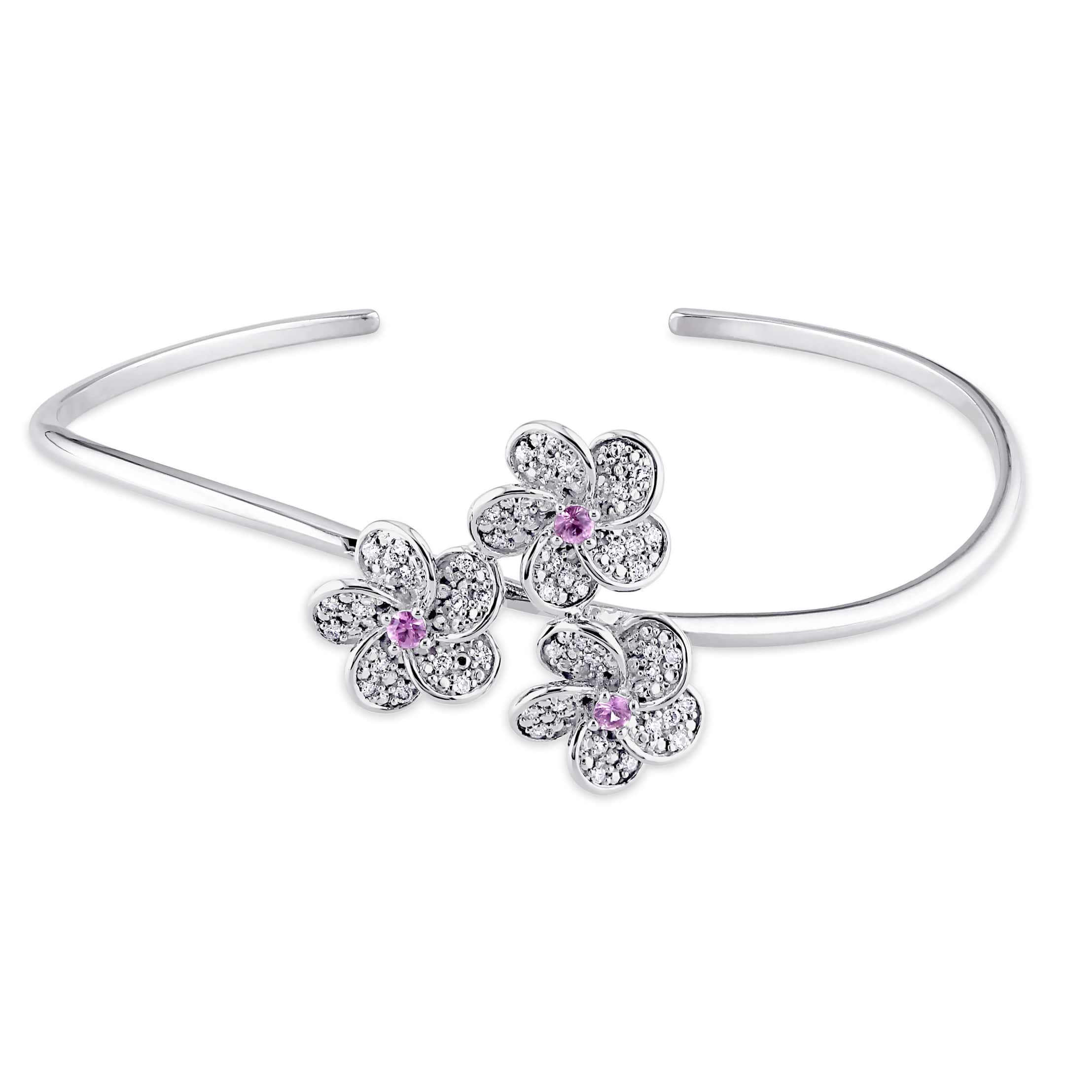 Floral Pink Sapphire & Diamond Cuff Bracelet 14k White Gold (0.45ct)