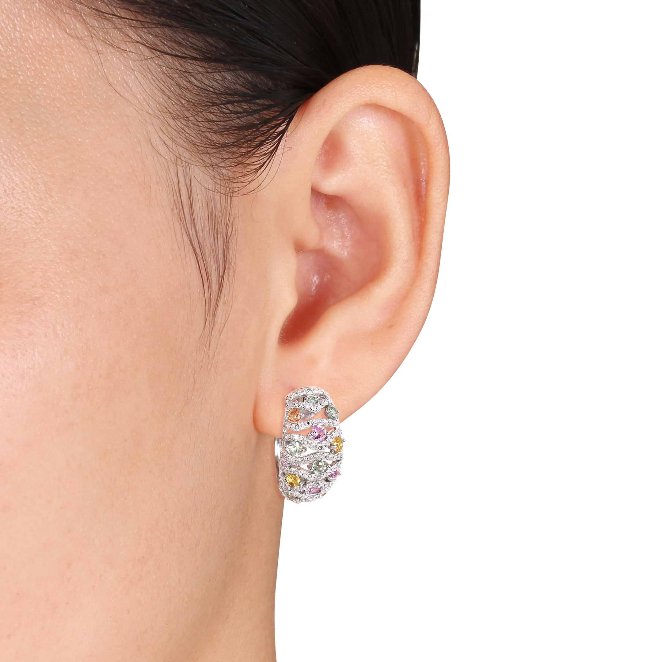 Multicolored Sapphire & Diamond Hoop Earrings 14k White Gold (2.59ct)