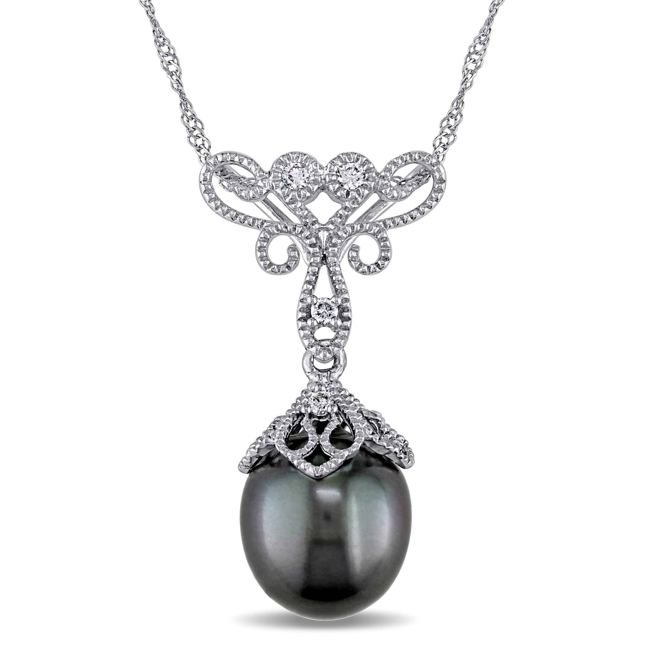 Diamond & Black Tahitian Pearl Necklace 14k White Gold (9-9.5mm)