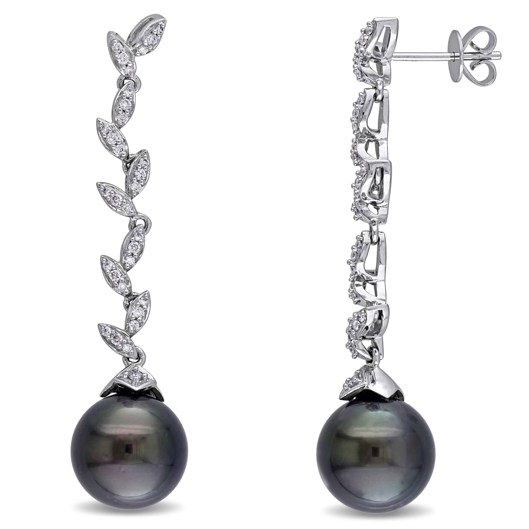 Diamond & Black Tahitian Pearl Dangle Earrings 14k W Gold (11-11.5mm)