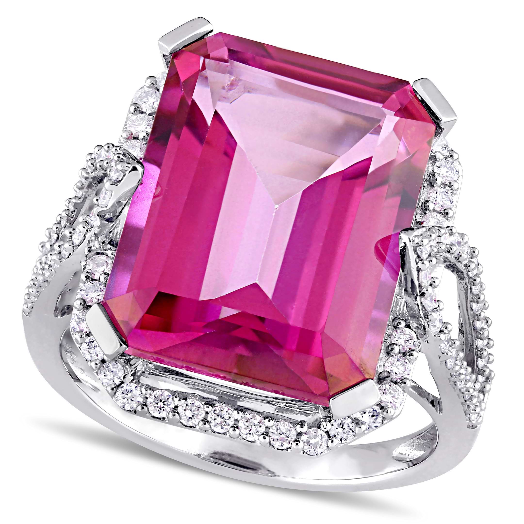 Emerald Cut Pink Topaz & Diamond Fashion Ring 14k White Gold (15.00ct)