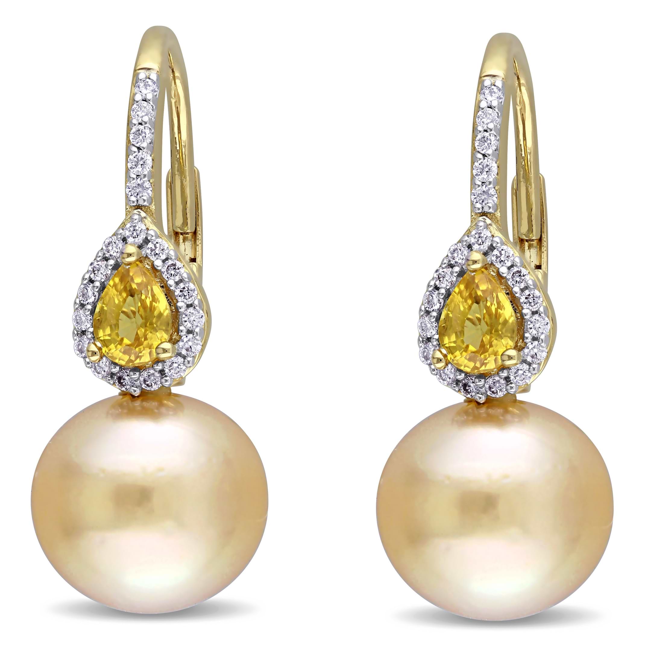 Diamond Yellow Sapphire & South Sea Pearl Earrings 14k Y Gold 9-9.5mm