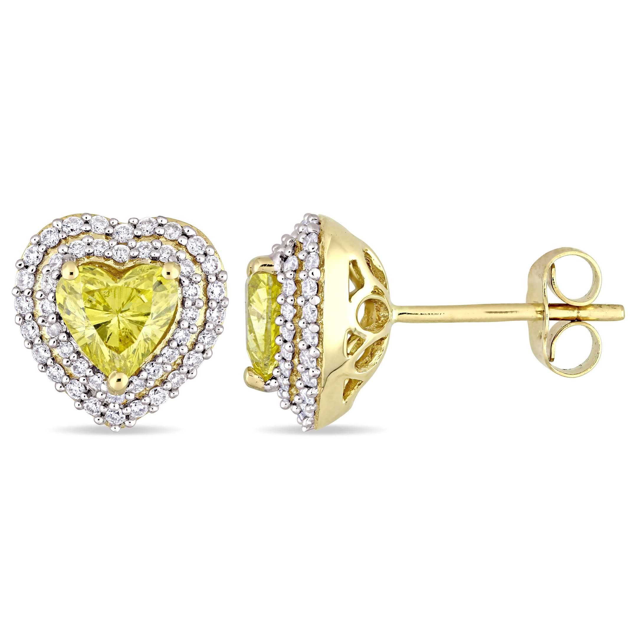 Halo Heart Yellow & White Diamond Earrings 14k Yellow Gold (1.375ct)