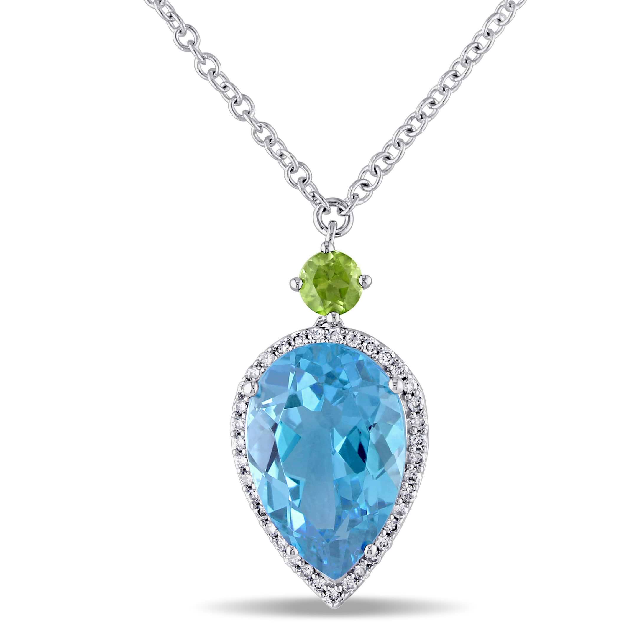 Pear Blue Topaz Peridot & Diamond Necklace 14K White Gold (7.45ct)