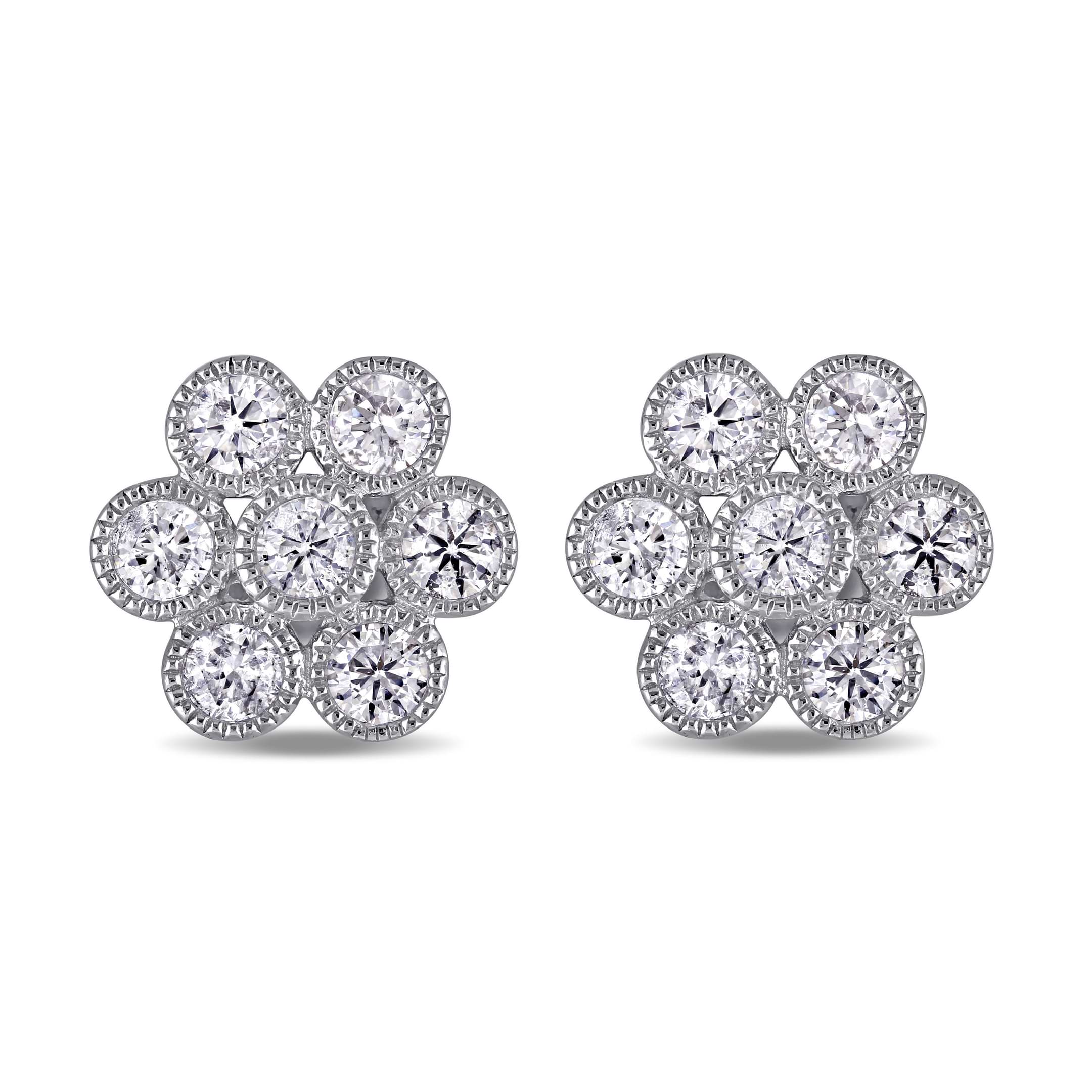 Diamond Cluster Stud Earrings 14k White Gold (1.00 ct)