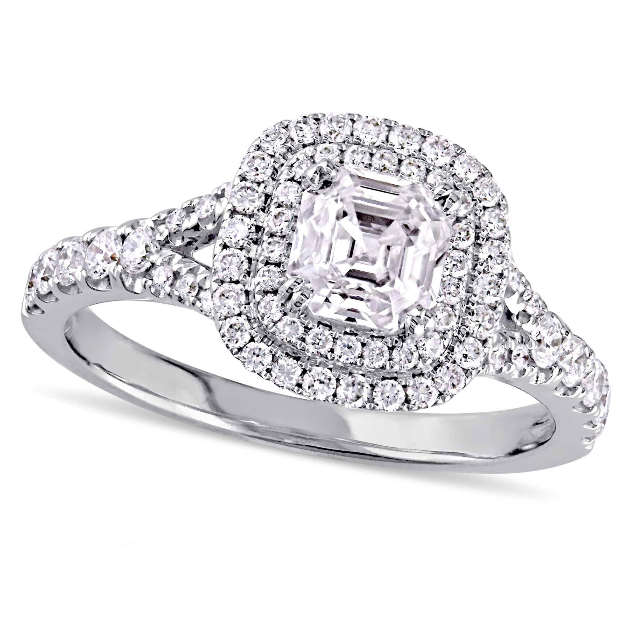 Asscher and Round Diamond Halo Engagement Ring 14k White Gold (1.20ct)