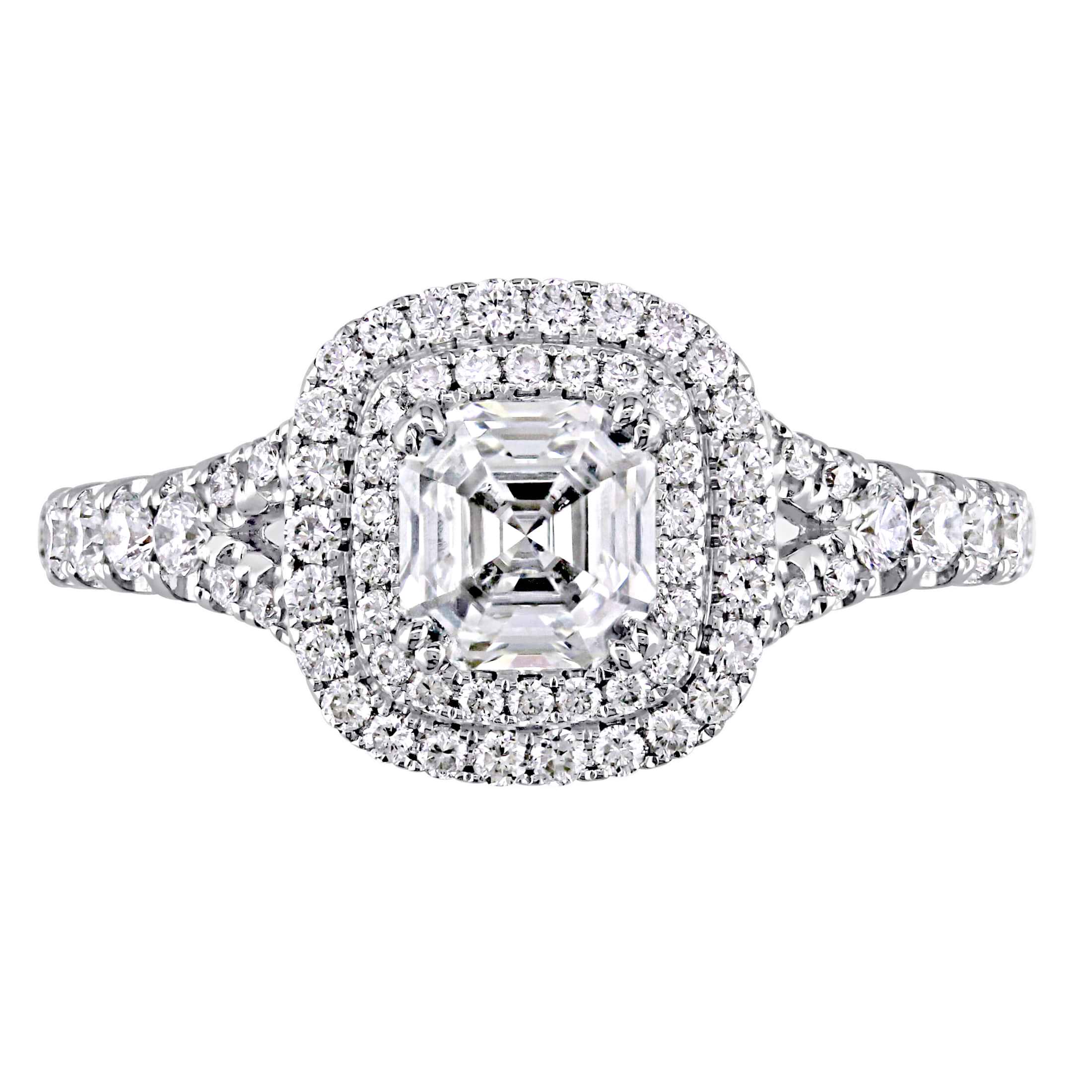 Asscher and Round Diamond Halo Engagement Ring 14k White Gold (1.20ct)