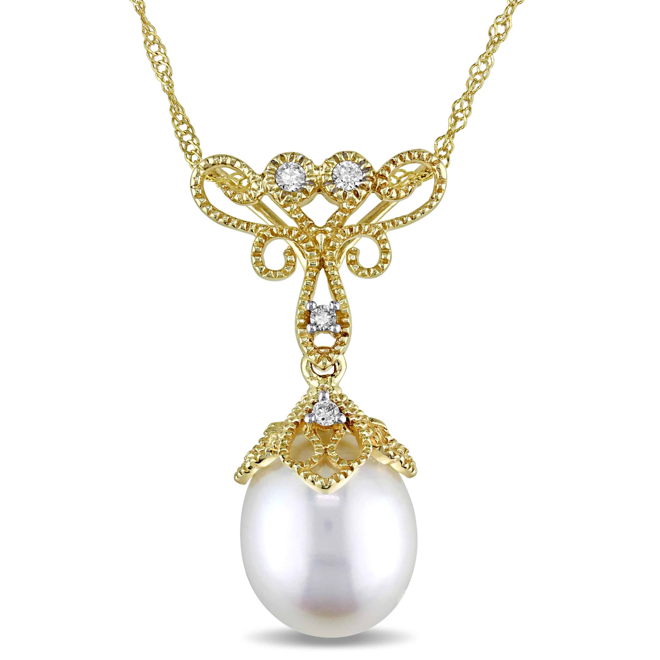 Rice Pearl & Diamond Drop Pendant Necklace 14k Yellow Gold (0.05ct)