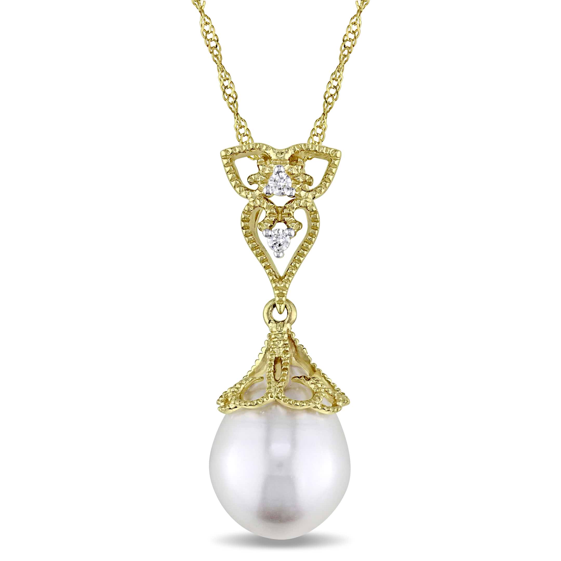 Rice Pearl & Diamond Drop Pendant Necklace 14k Yellow Gold (0.03ct)