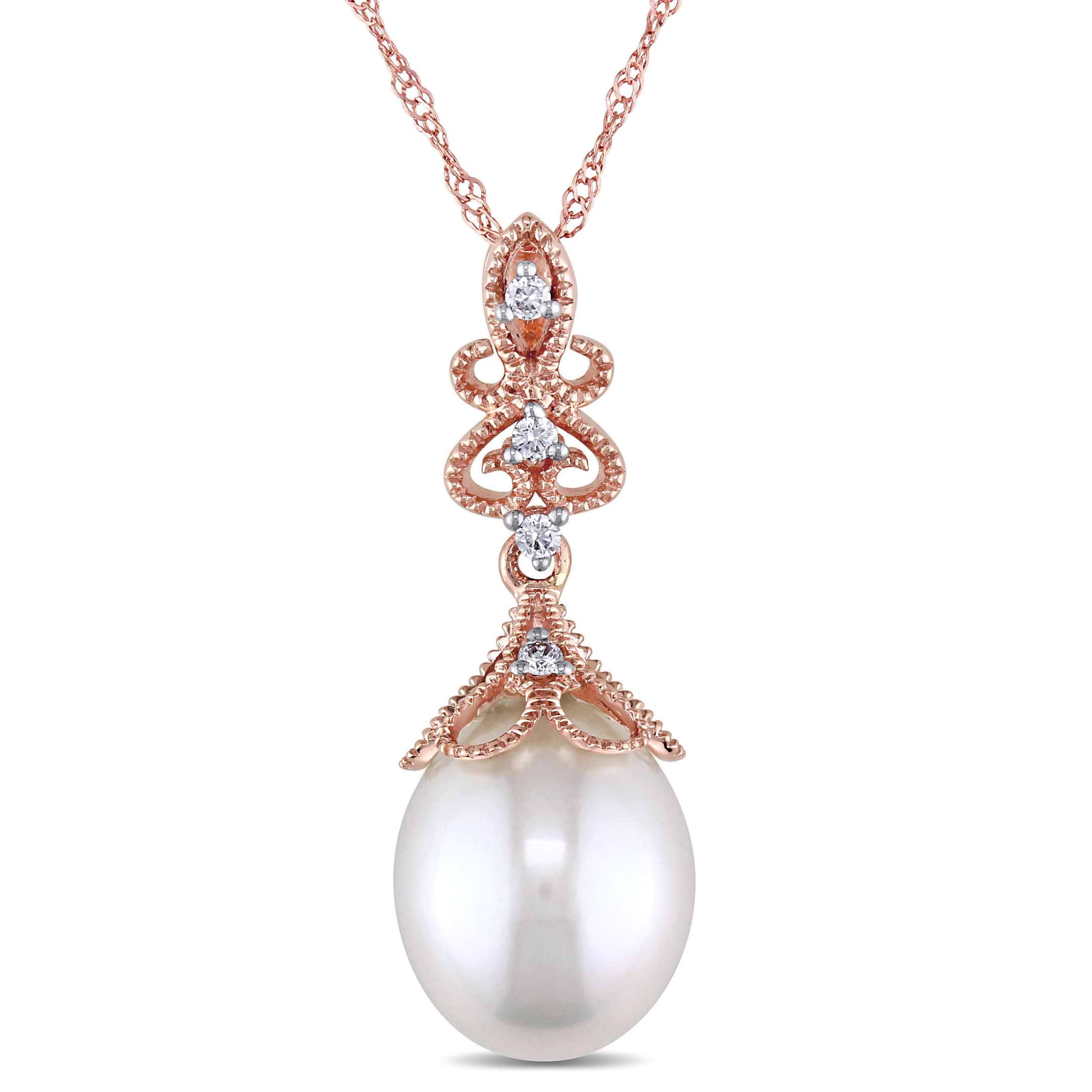 Rice Pearl & Diamond Drop Pendant Necklace 14k Rose Gold (0.05ct)