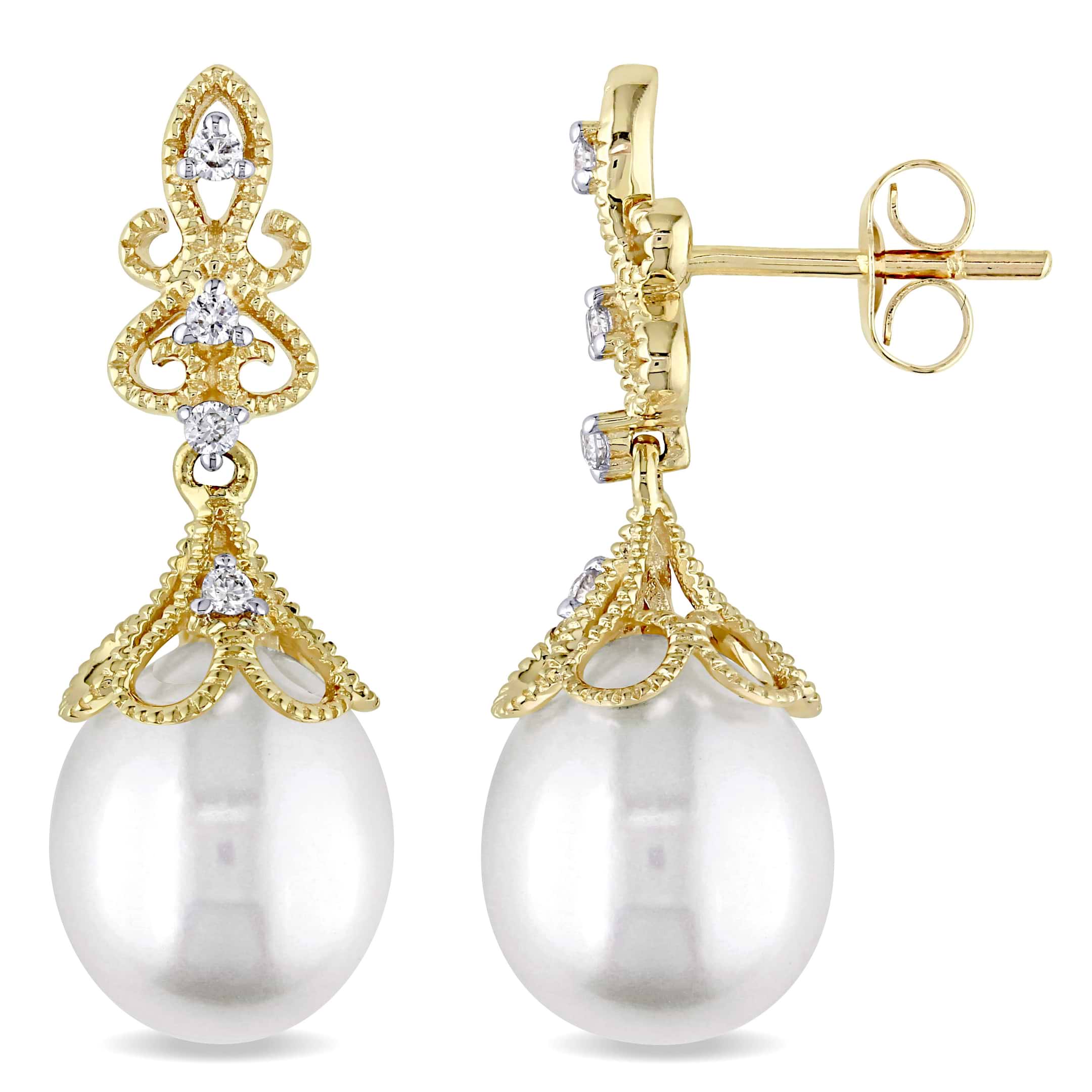 Tear Drop Pearl & Diamond Dangle Earrings 14k Yellow Gold (0.10ct)