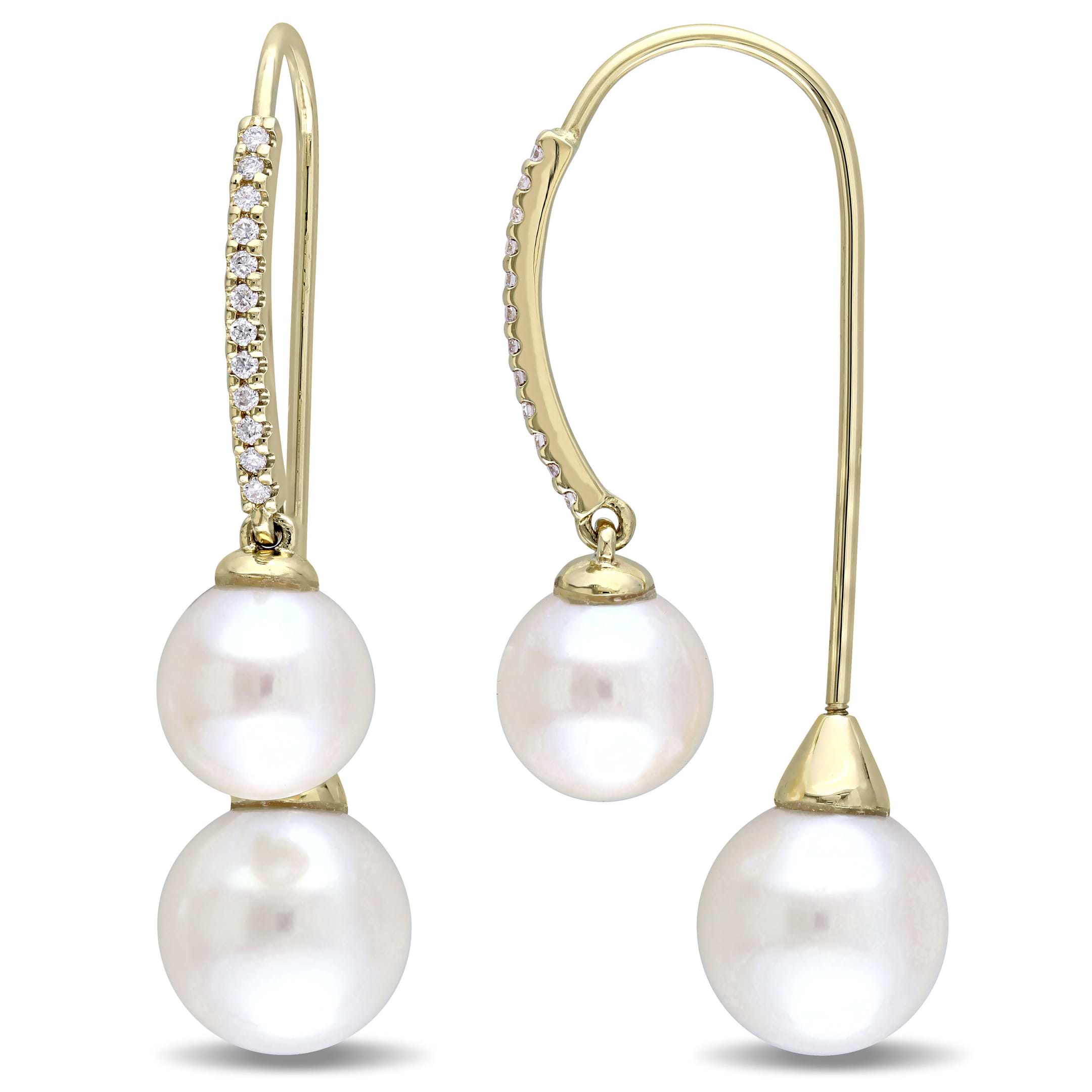 Round Pearl & Diamond Dangling Earrings 14k Yellow Gold (0.14ct)