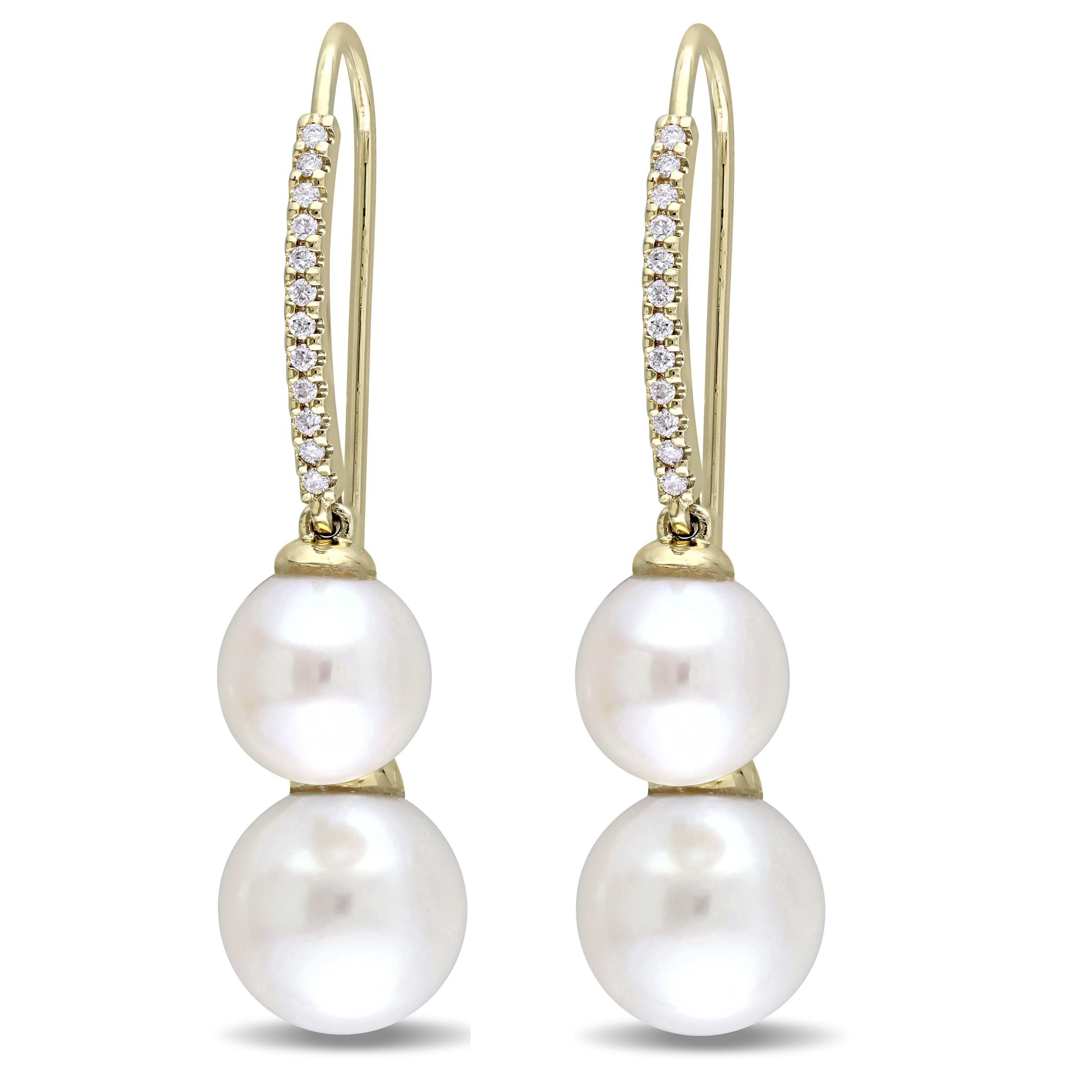 Round Pearl & Diamond Dangling Earrings 14k Yellow Gold (0.14ct)