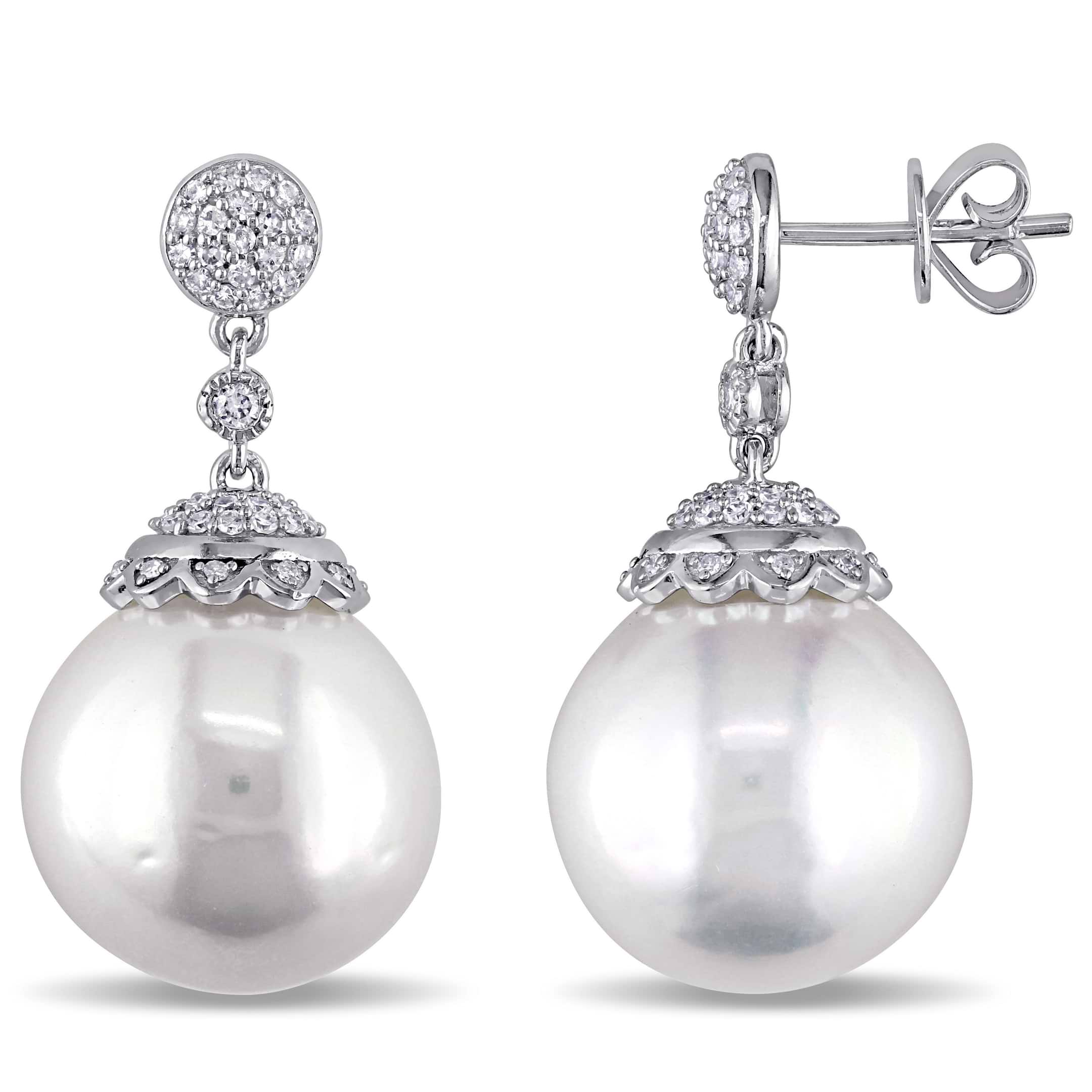 Round Pearl & Diamond Dangling Earrings 14k White Gold (0.50ct)