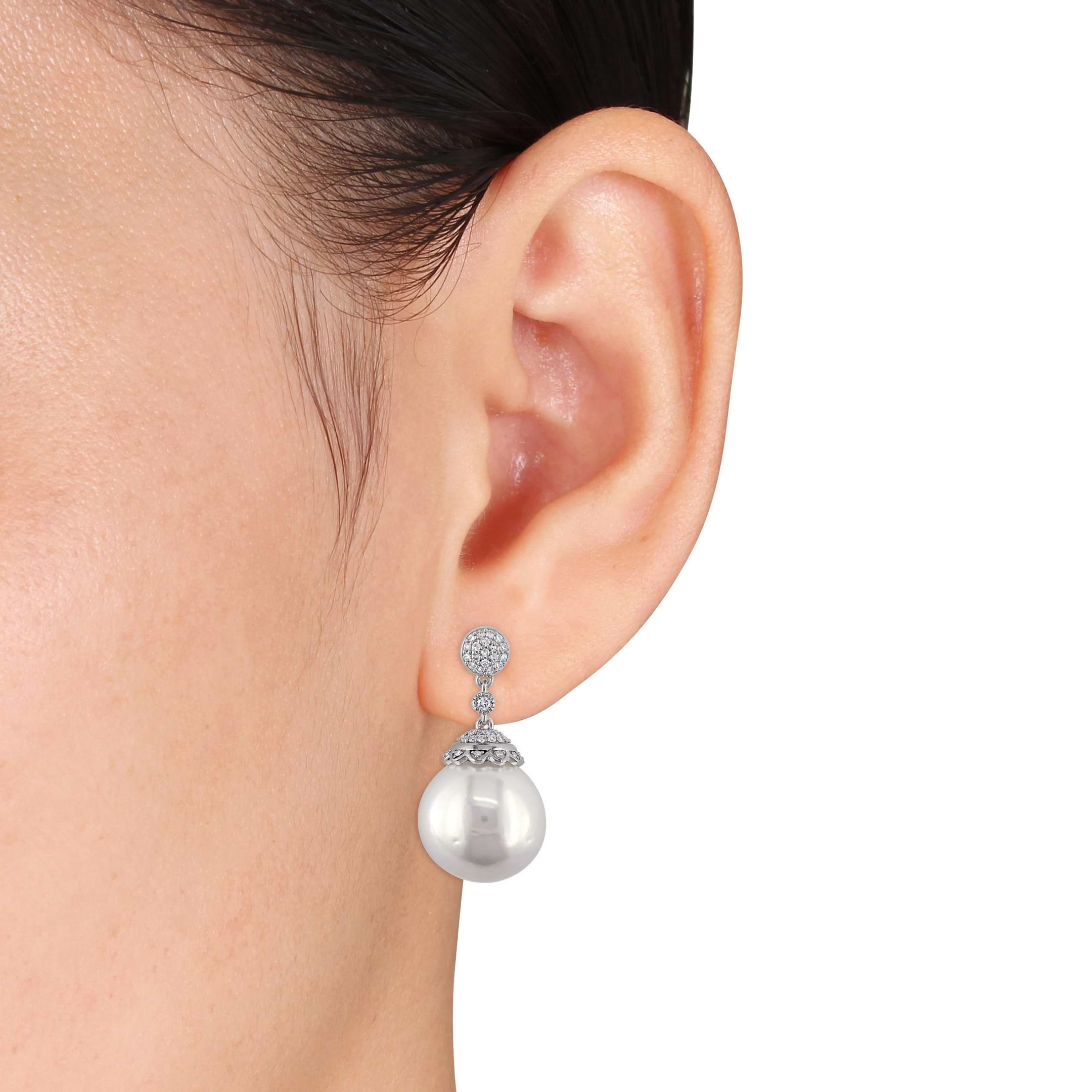 Round Pearl & Diamond Dangling Earrings 14k White Gold (0.50ct)