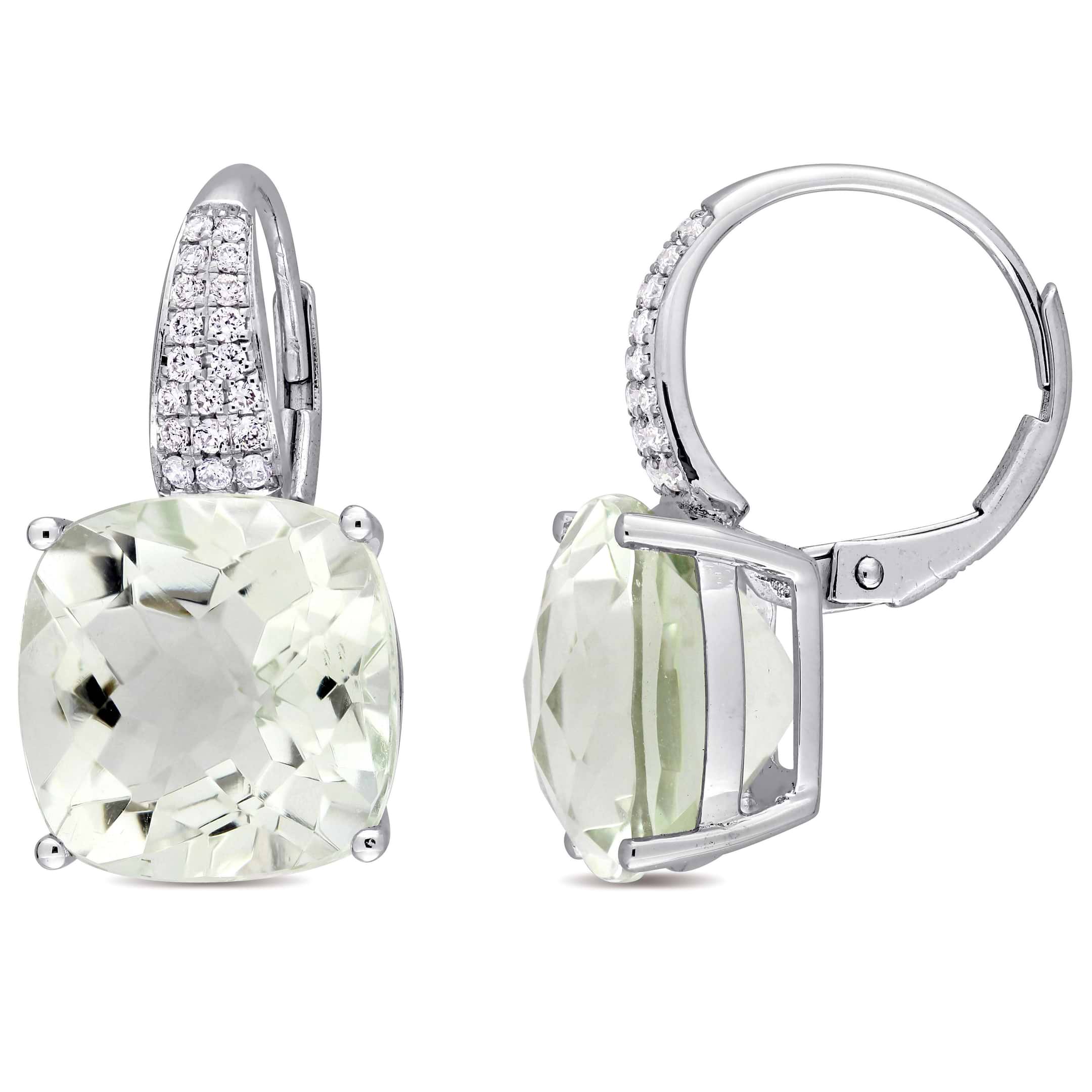 Cushion Green Amethyst & Round Diamond Earrings 14k White Gold(13.70ct)