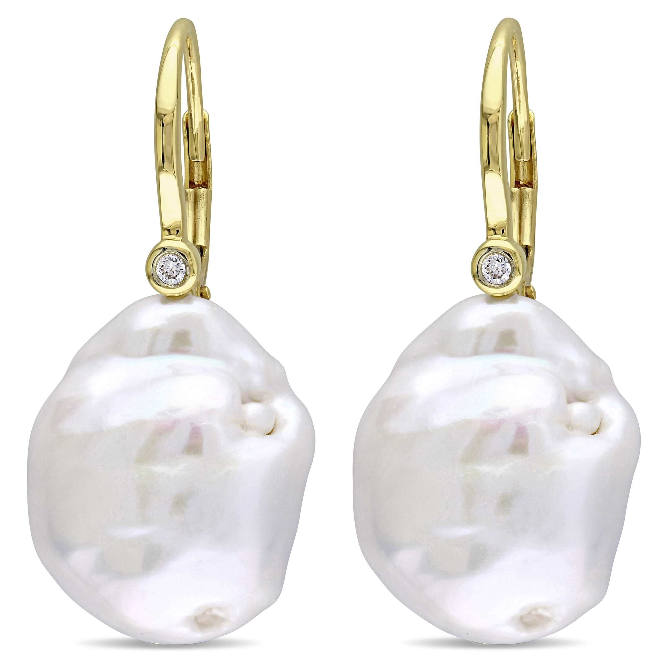 Baroque Pearl & Diamond Accent Earrings 14k Yellow Gold (0.06ct)