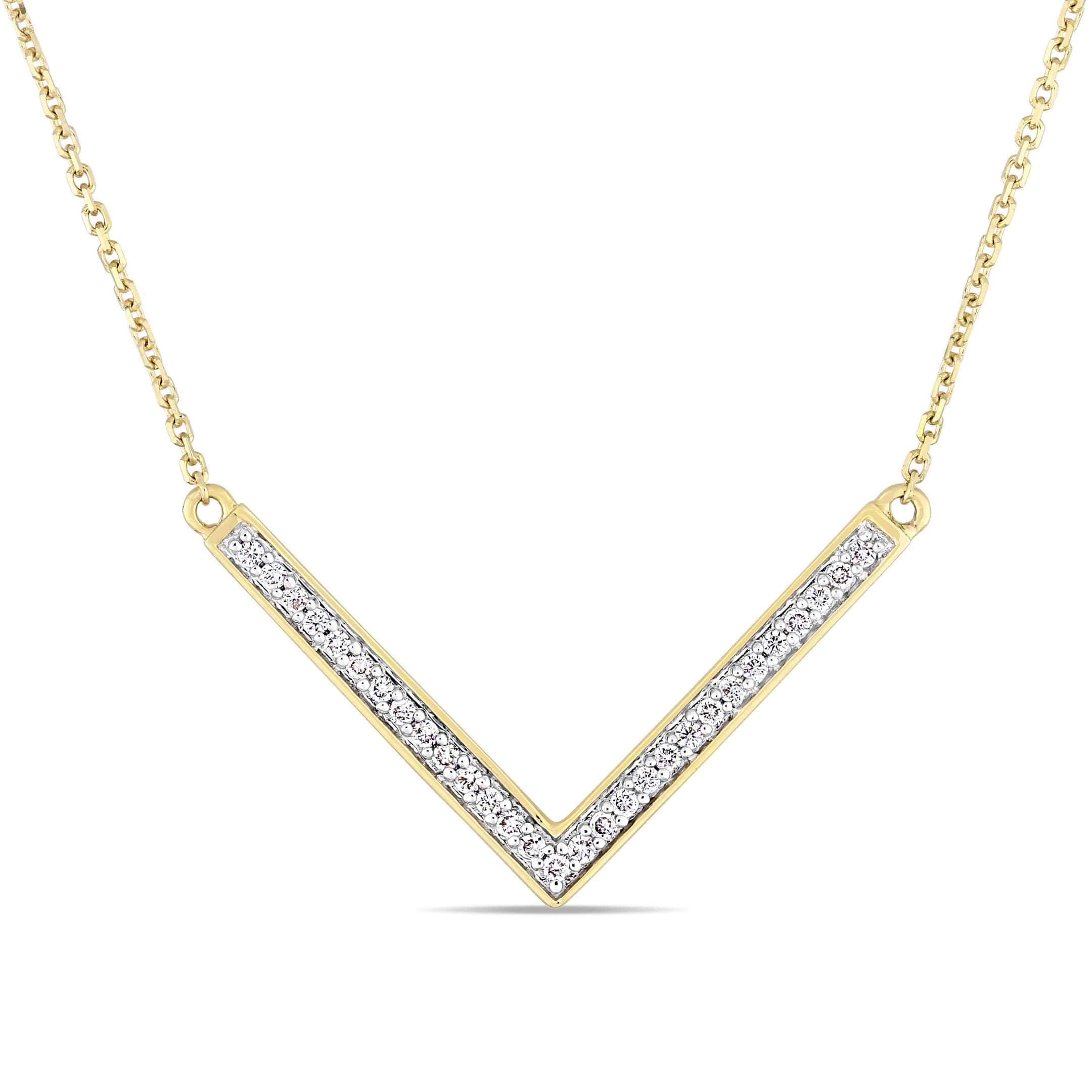 Diamond V Shaped Pendant Necklace 14k Yellow Gold (0.14ct) 17 Inch
