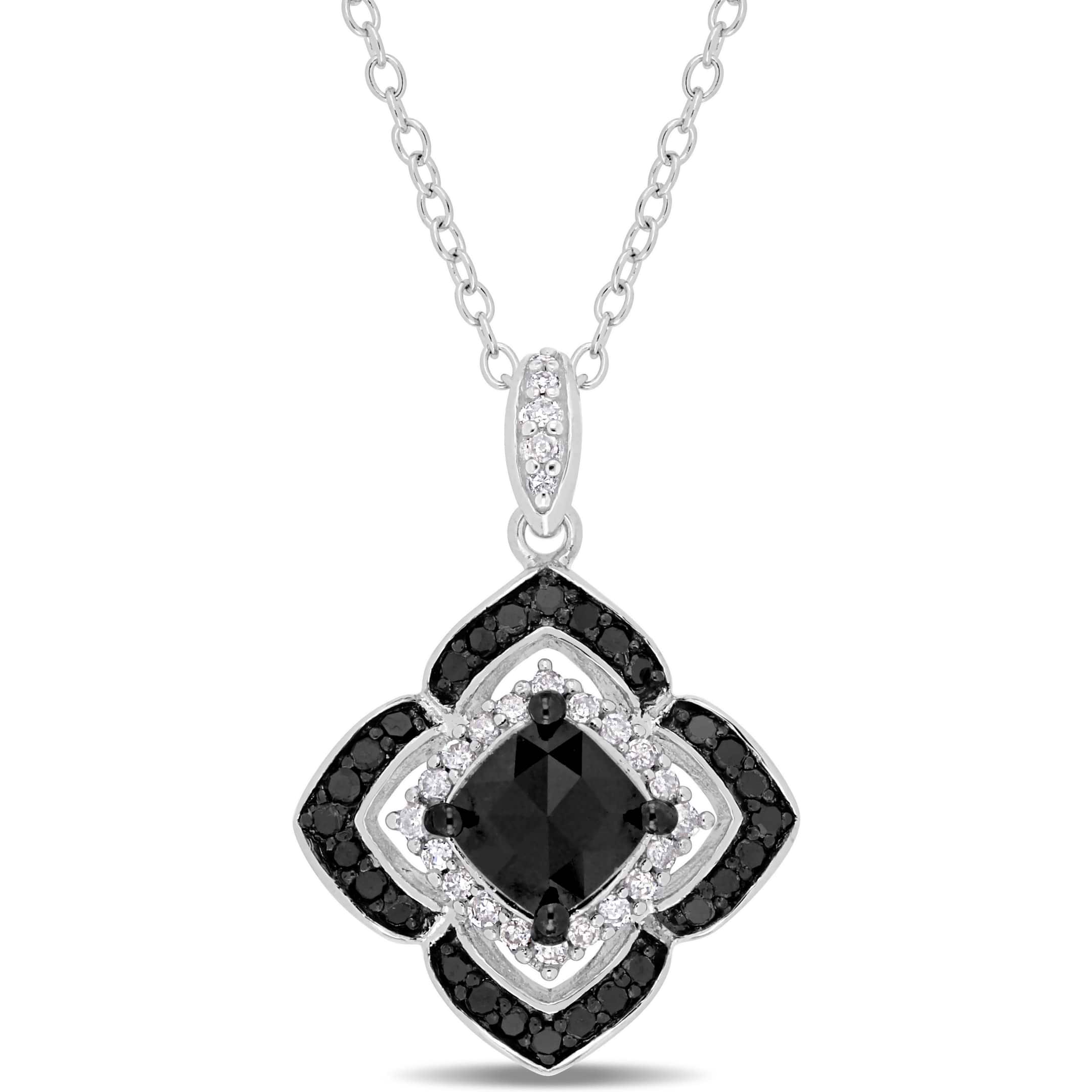 Cushion Black Diamond & Round White Diamond Pendant Silver (1.33ct)
