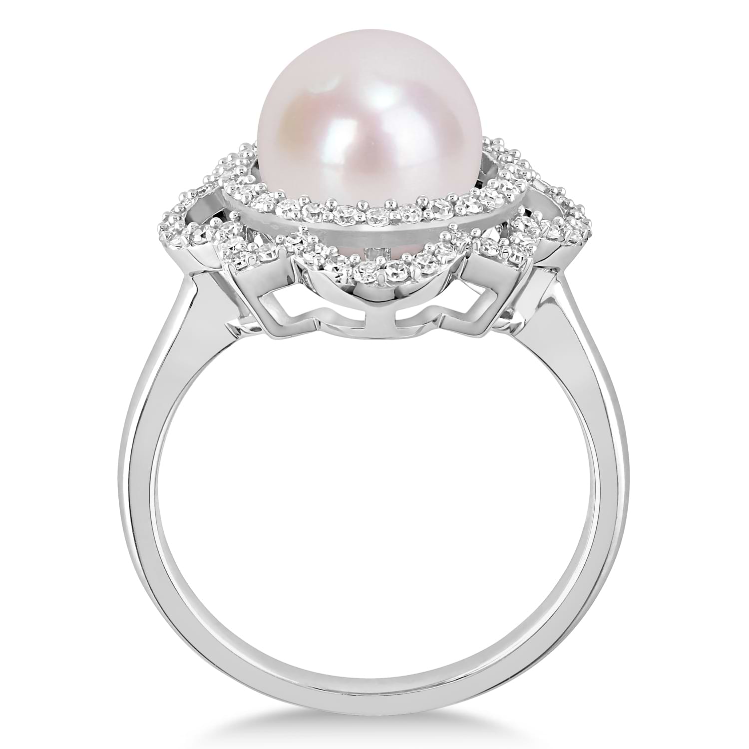 Round Freshwater Cultured White Pearl and Diamond Ring 14k White Gold 0 ...
